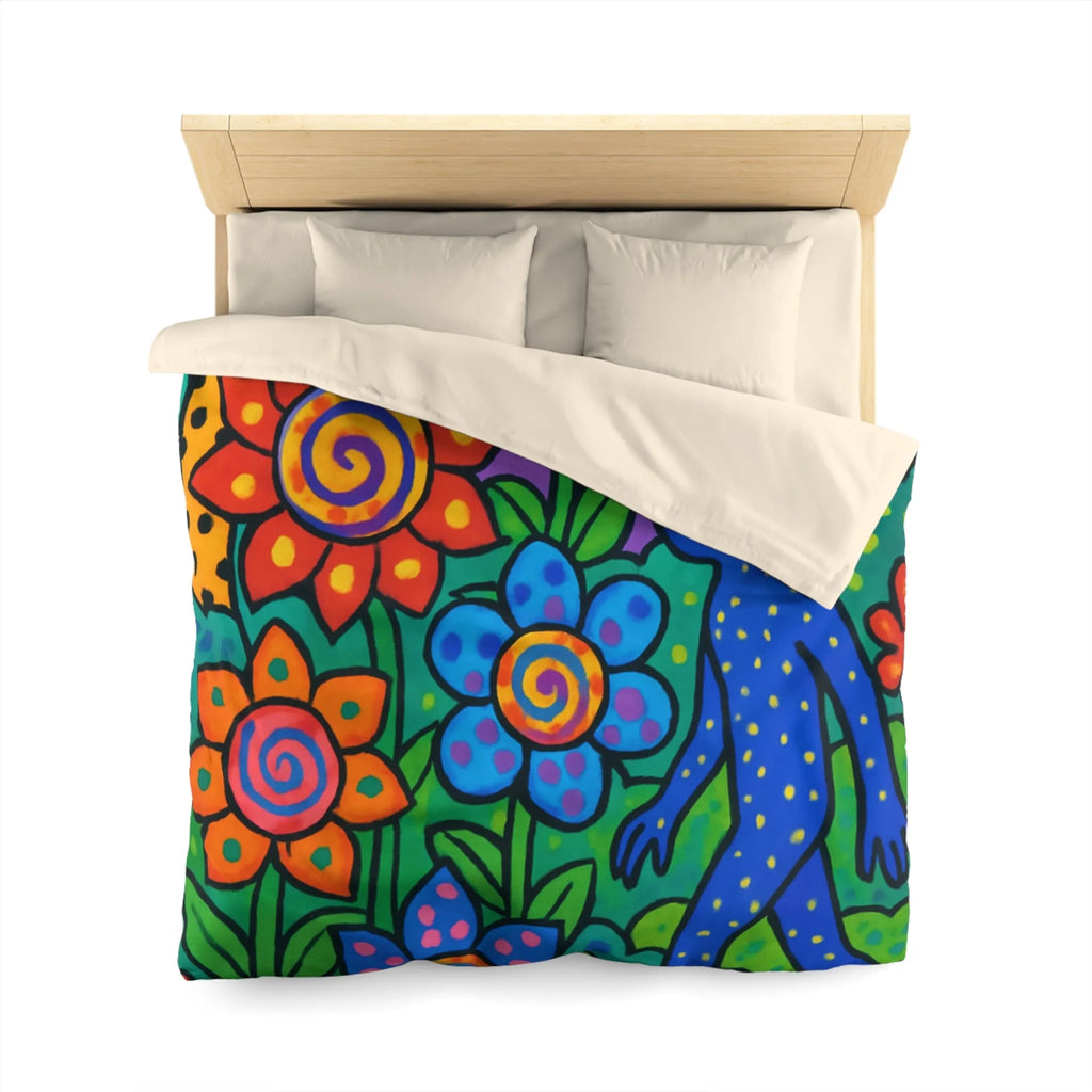 Housse de couette joyeuse avec motifs floraux et créature colorée en jungle vibrante