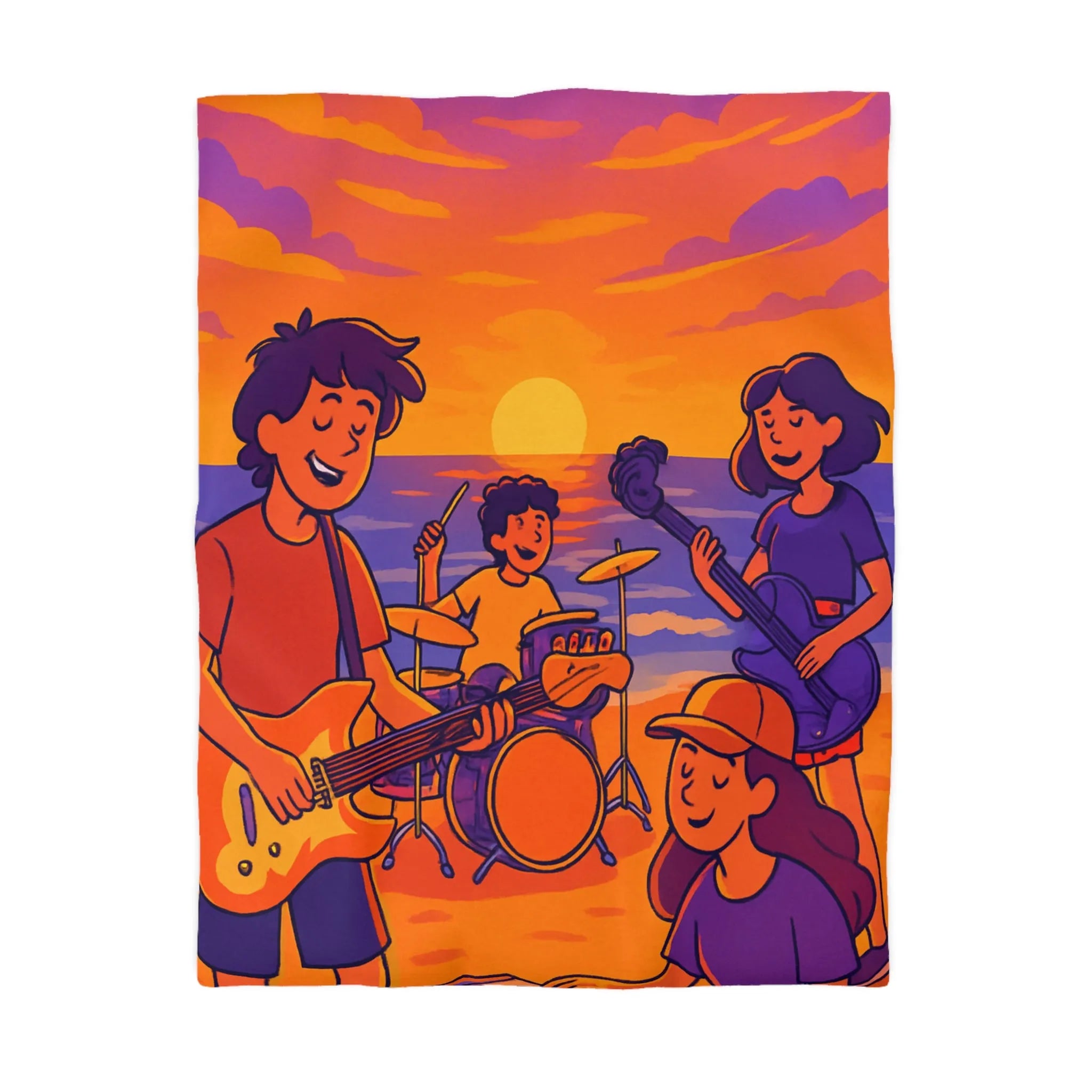 Housse de couette illustration plage coucher de soleil band rock ambiance musicale artistique