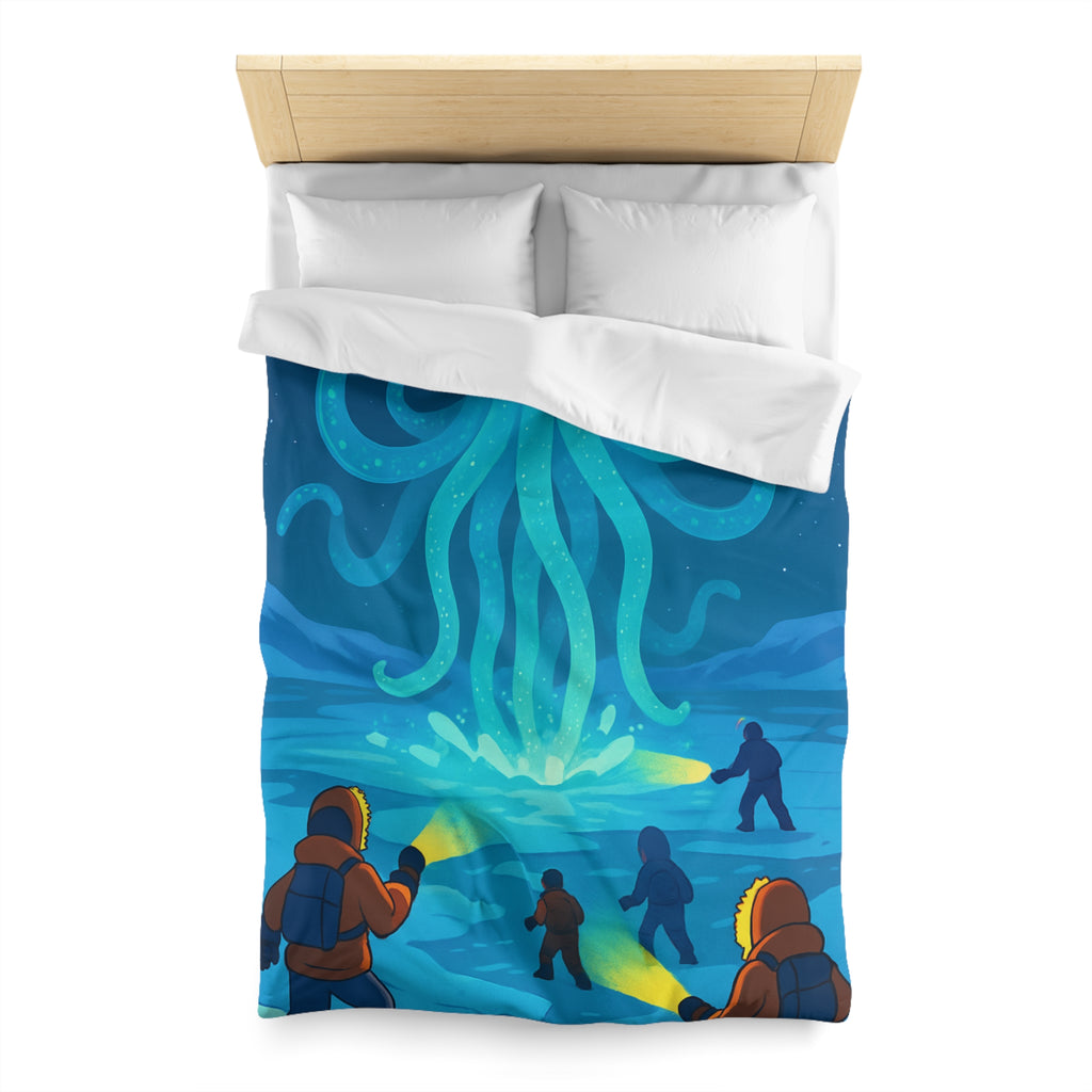 Nuit polaire avec pieuvre géante luminescente sous ciel étoilé et aventuriers en doudoune