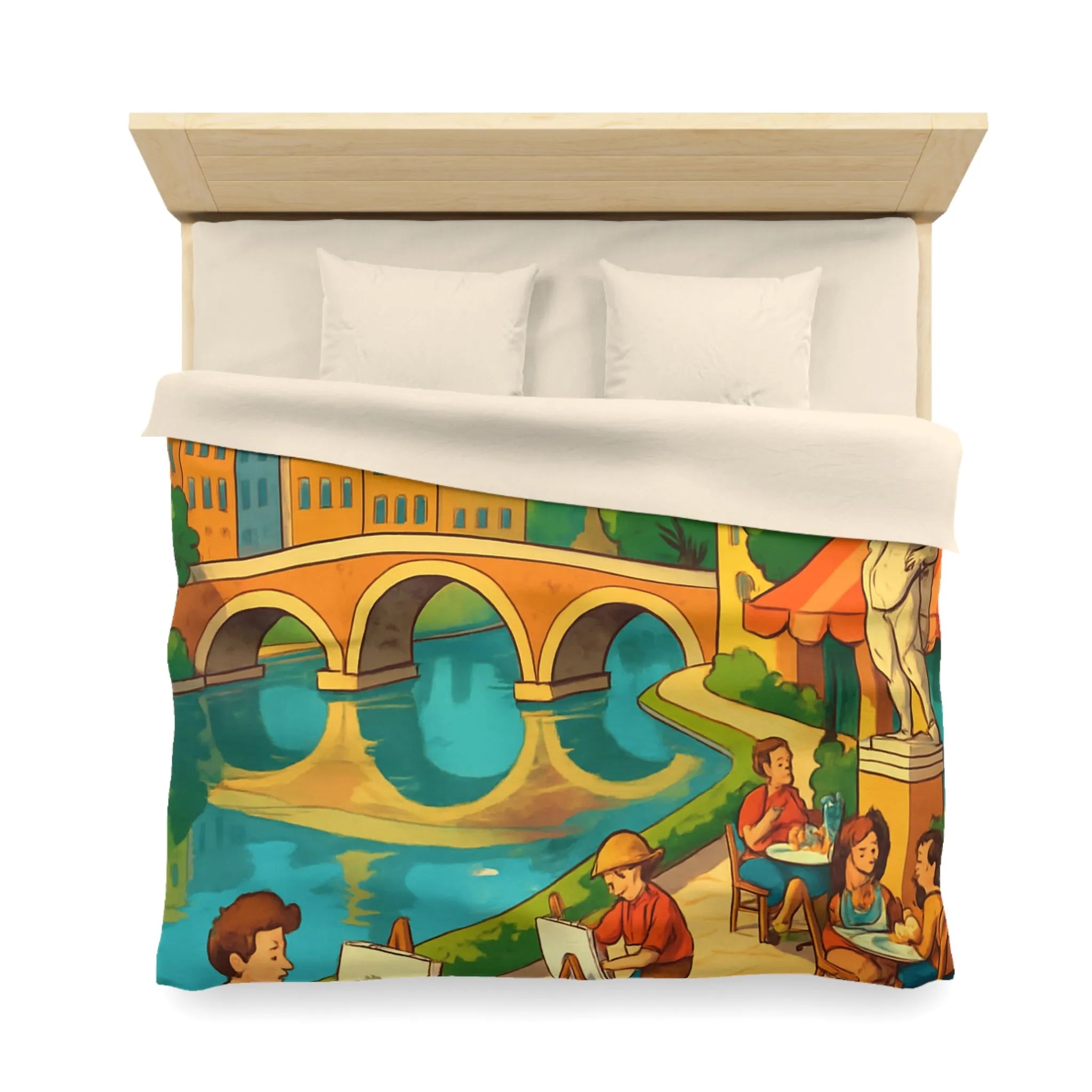 Housse de couette inspirée de ville artistique avec pont et cathédrale colorée