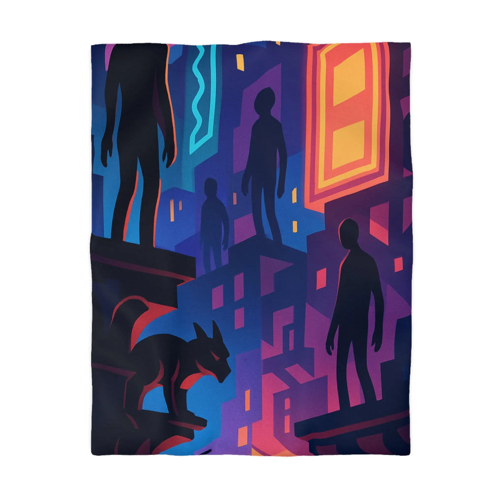 Housse de couette colorée avec silhouettes mystérieuses et ambiance urbaine nocturne captivante