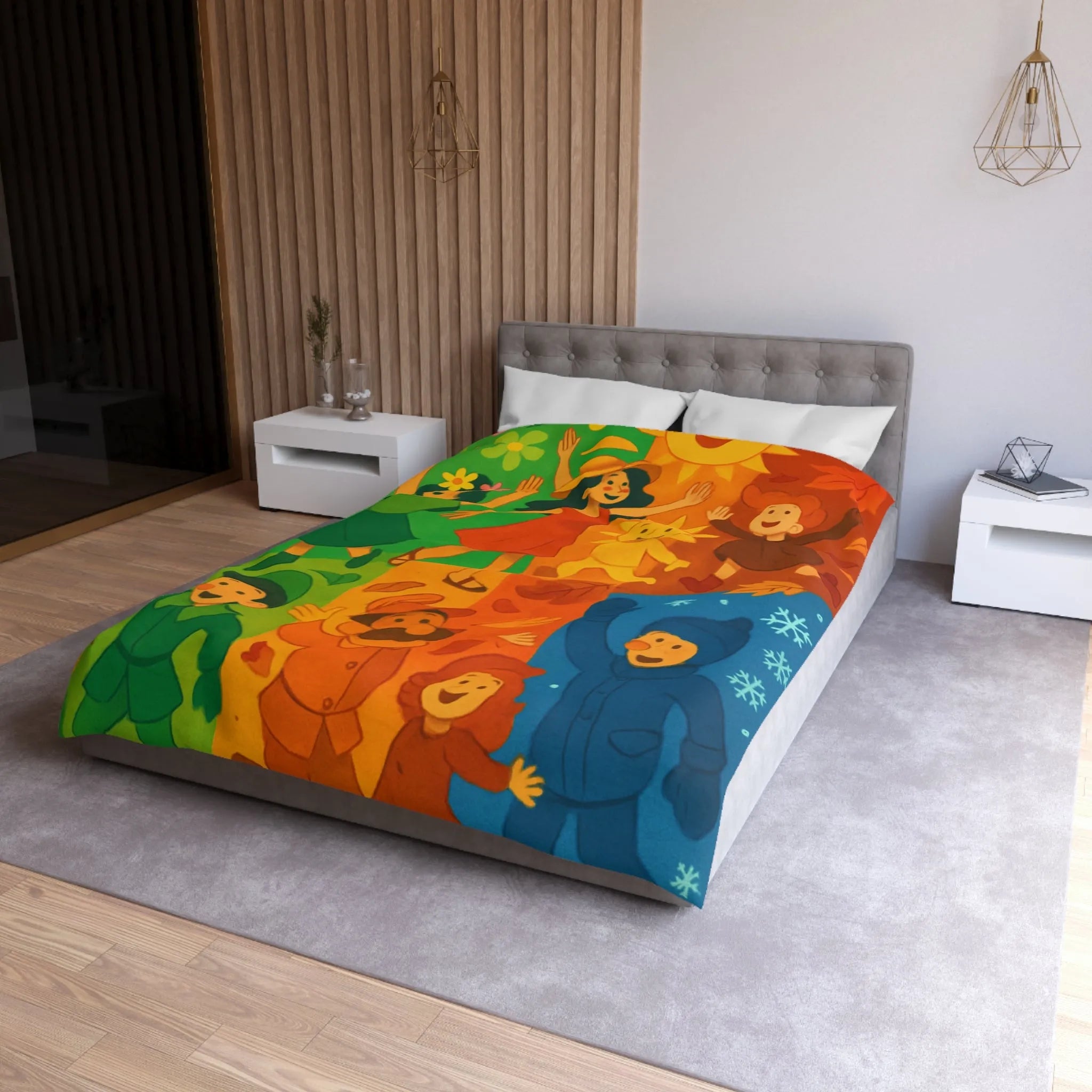 Housse de couette colorée illustrant les quatre saisons avec personnages joyeux et motifs vibrants