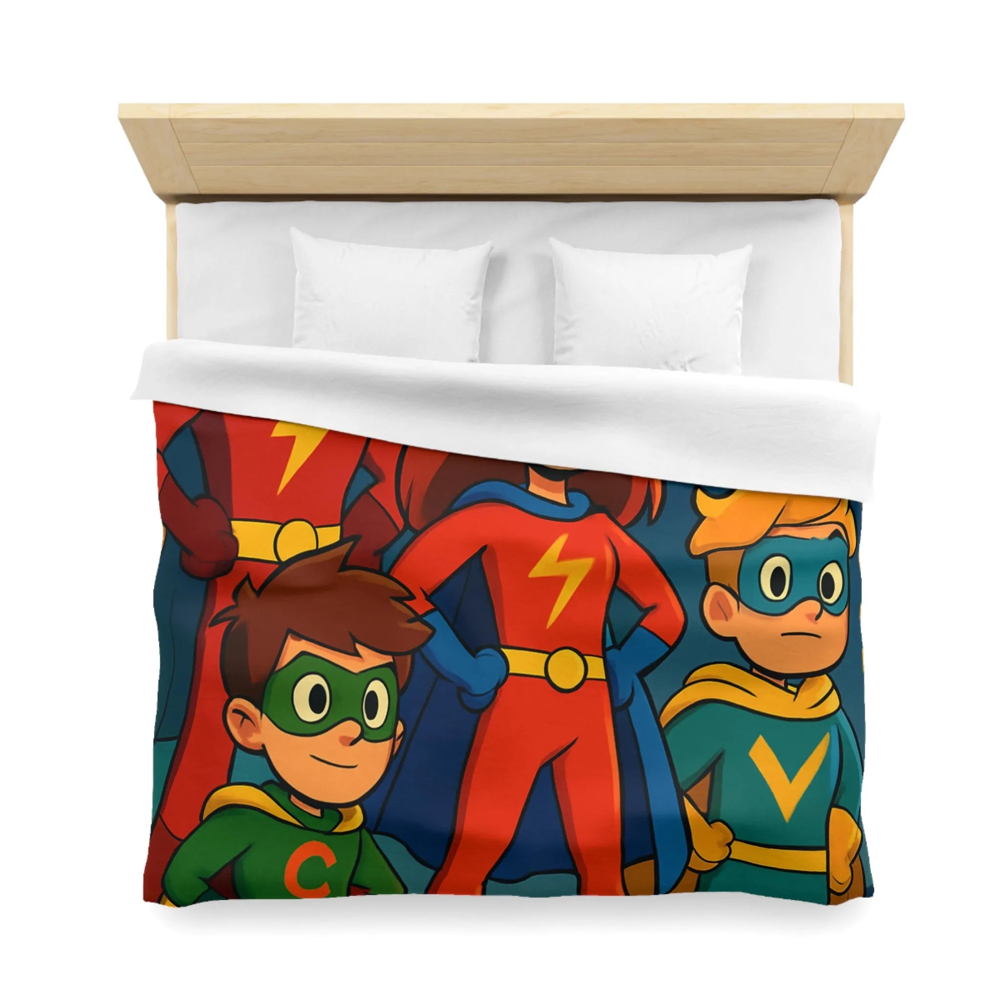 Housse de couette colorée super-héros pour enfants avec scène urbaine lumineuse et joyeuse