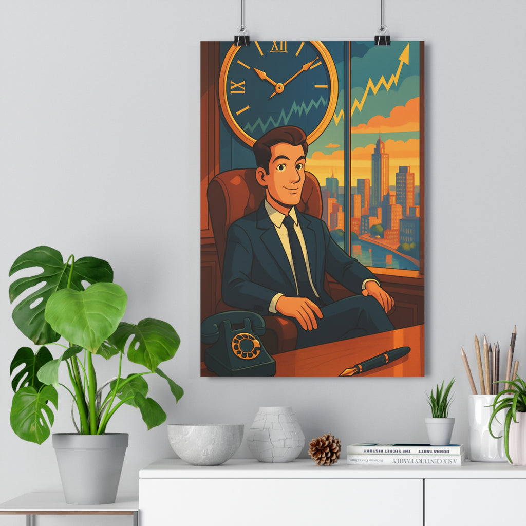 Poster décoratif dessin animé bleu orange bureau élégant dynamique artistique illuminé coucher soleil urbain