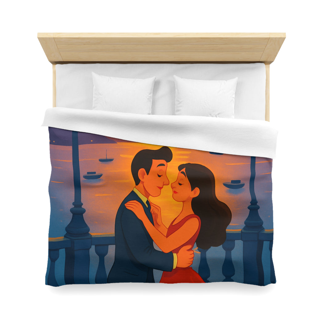 Housse de couette romantique coucher de soleil couple dansant au bord de mer