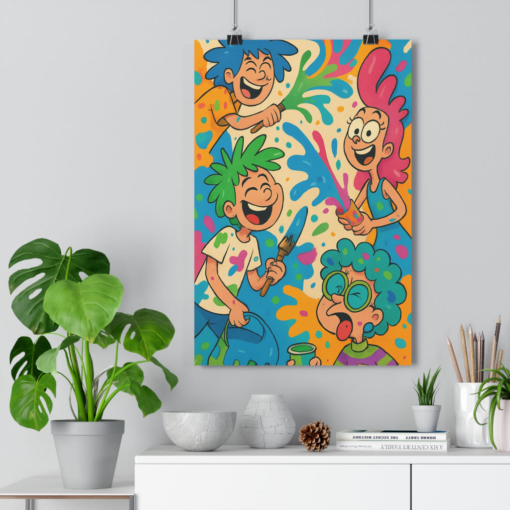 Poster décoratif cartoon dynamique coloré joyeux bleu vert rose jaune enfant chambre 30x46 peinture