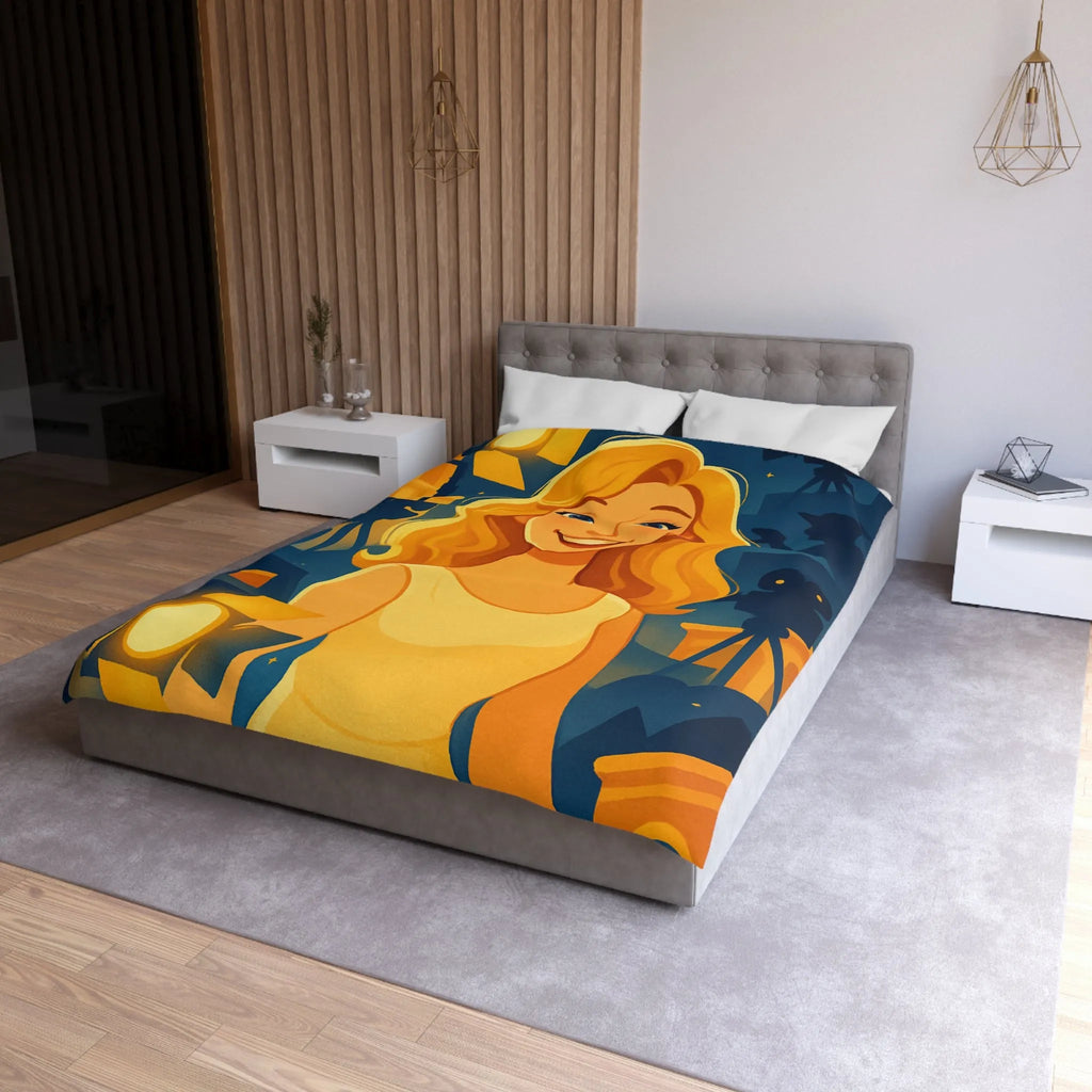 Housse de couette avec scène de tournage glamour et personnages stylisés illuminés