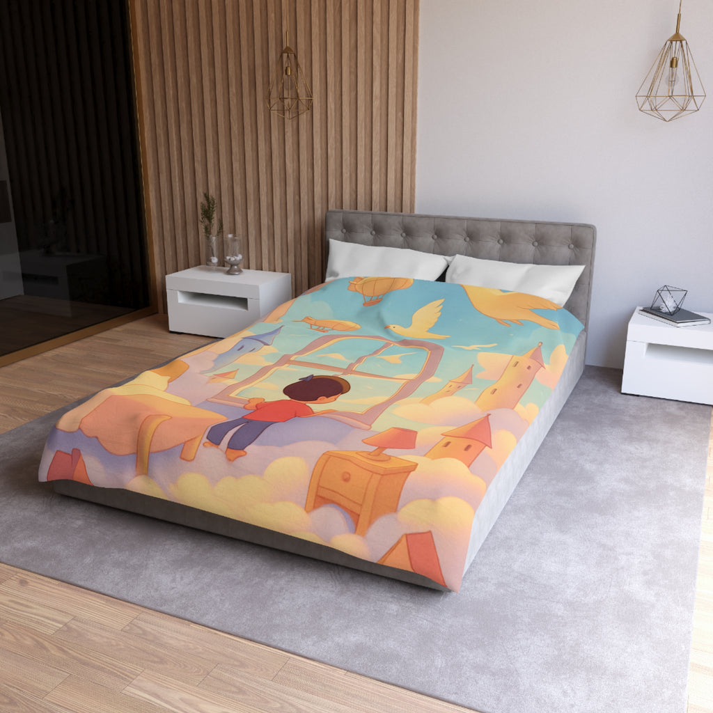 Housse de couette rêveuse enfantine avec nuages, dirigeables et oiseaux volants paisibles