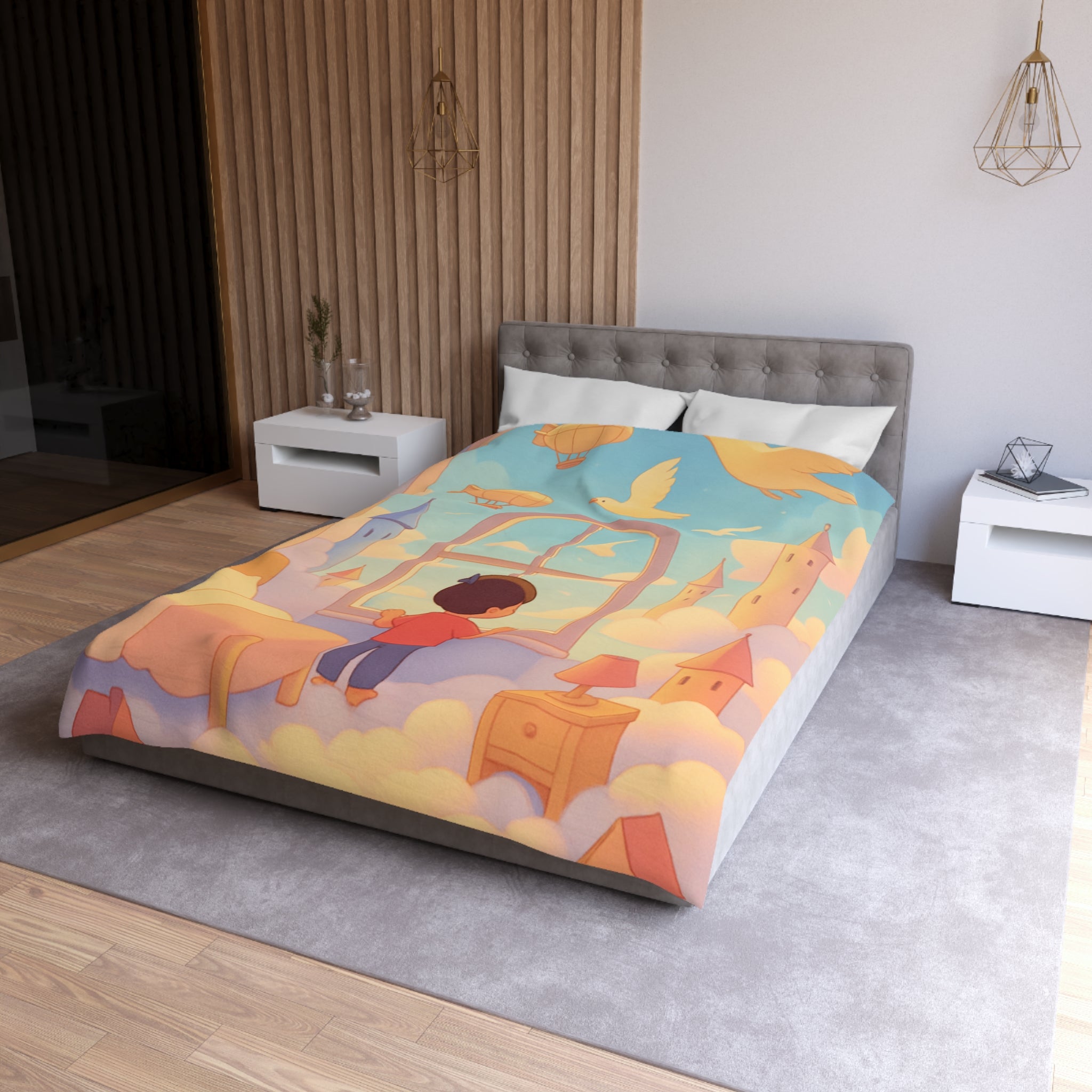 Housse de couette rêveuse enfantine avec nuages, dirigeables et oiseaux volants paisibles