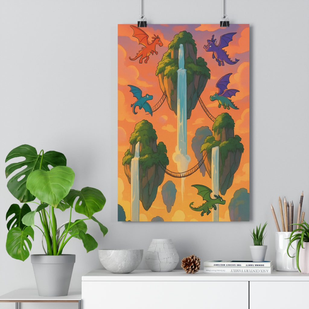 Poster décoratif fantaisie montagnes flottantes dragons colorés magique chambre bureau créatif 30x46 ambiance violette