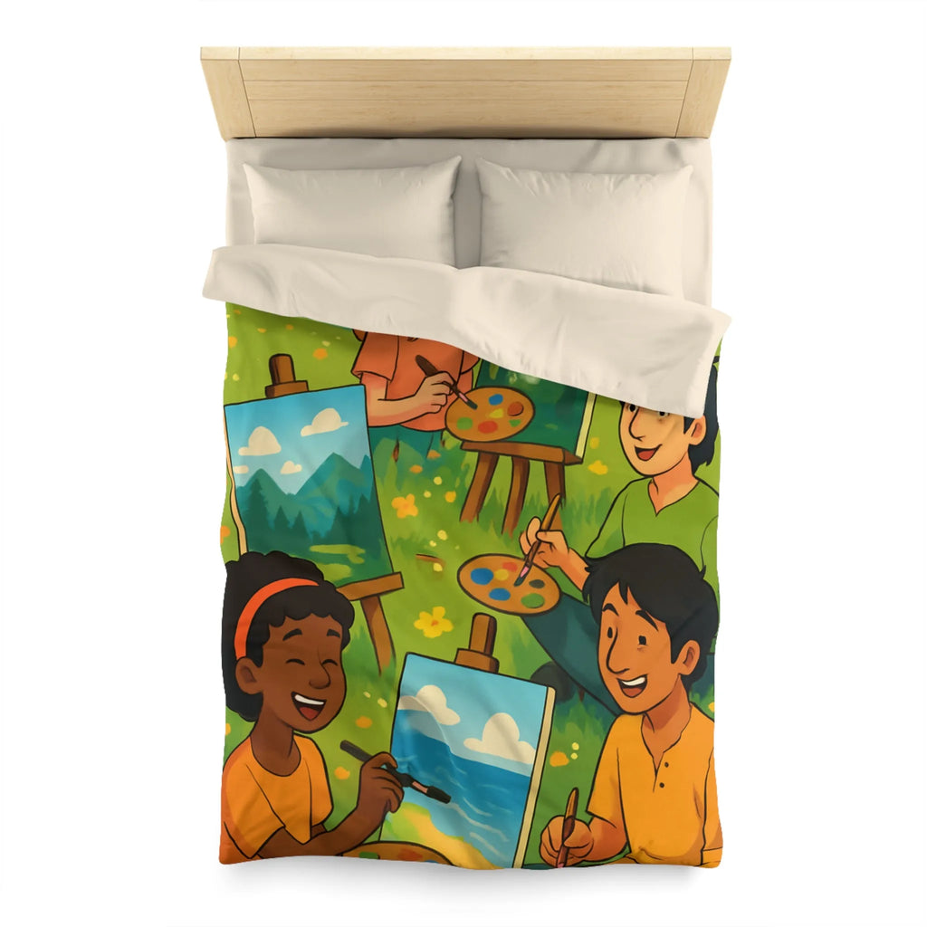 Housse de couette décorative avec enfants peignant dans champ fleuri en plein air