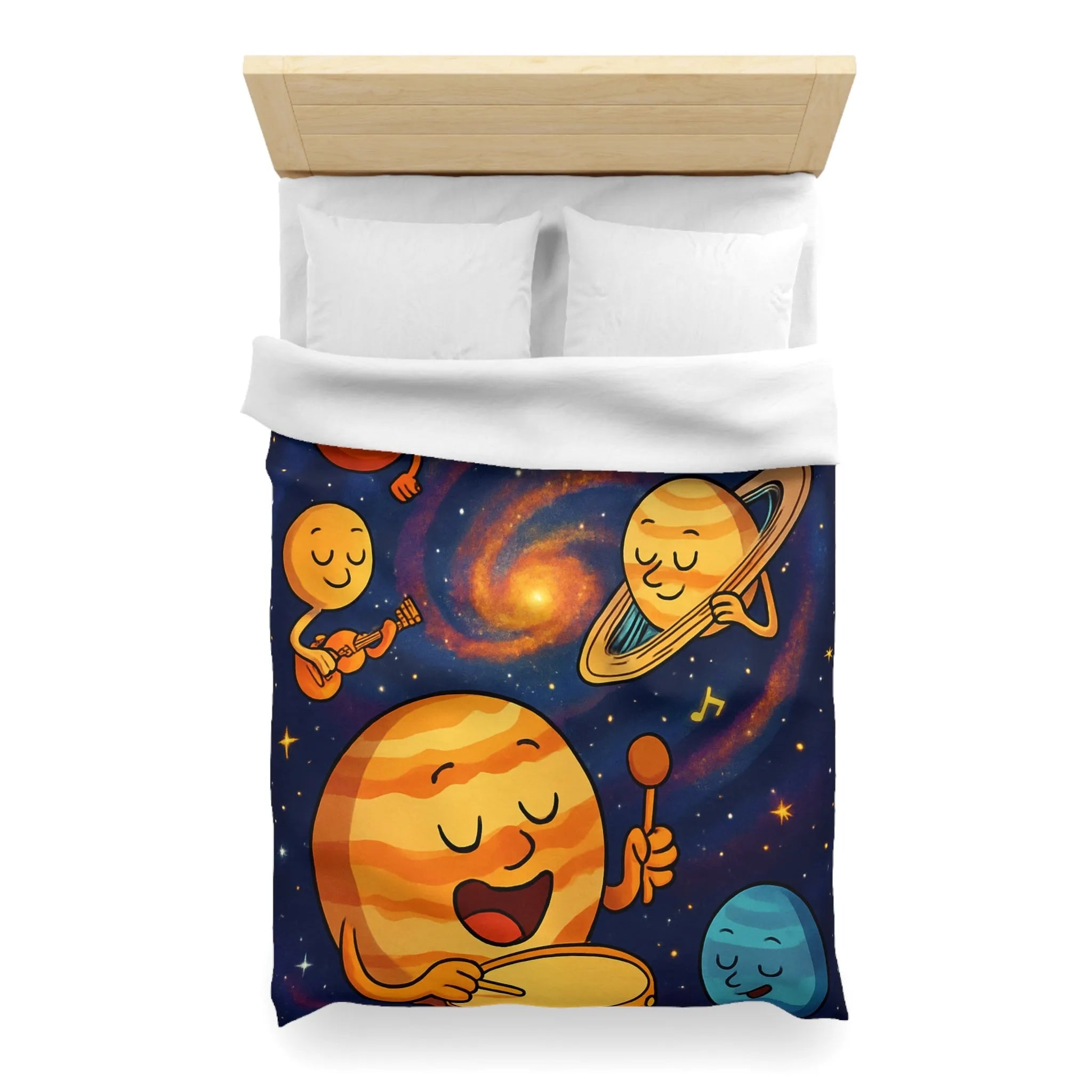 Ensemble joyeux de planètes musiciennes dans l'univers coloré pour housse de couette enfant