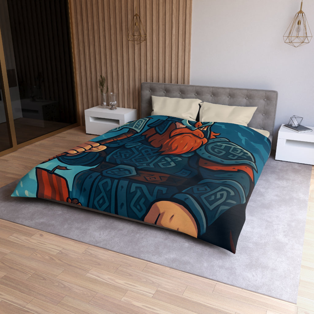 Housse de Couette Viking Illustrée avec Guerrier et Drakkar sur Fond Océan Tempétueux