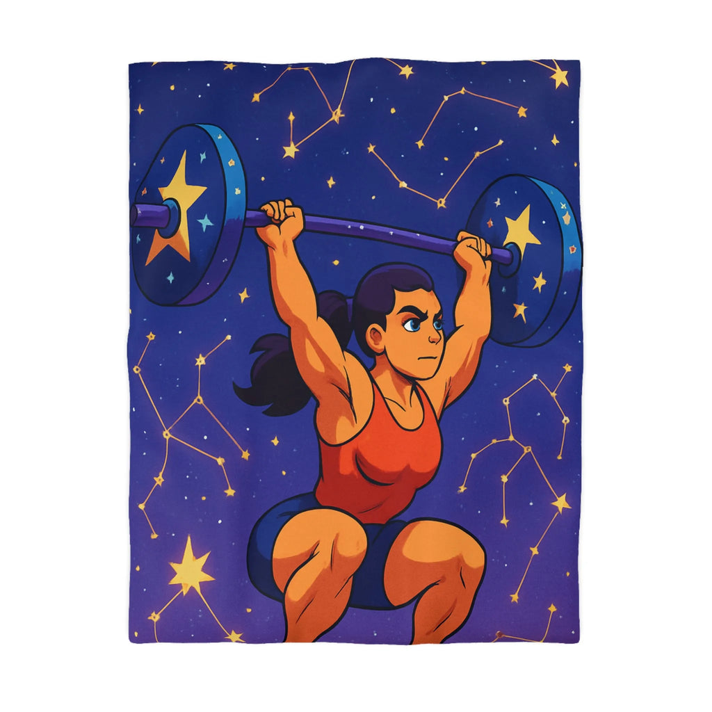 Housse de Couette Athlétique Femme Soulevant Poids Sous Ciel Étoilé et Constellations