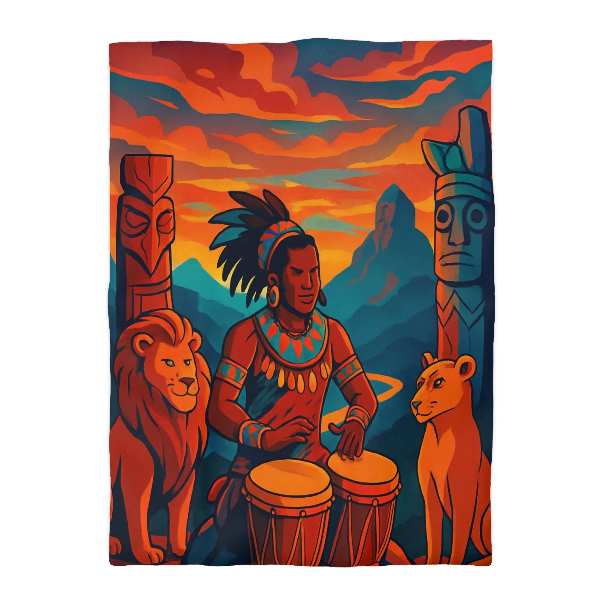 Housse de couette exotique avec musicien, tambours et totems en ambiance chaleureuse