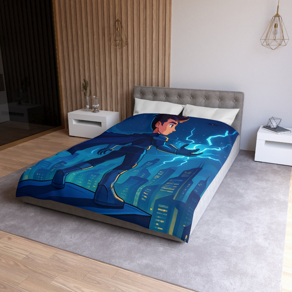 Housse de couette super-héros nocturne avec pouvoirs électriques et drones futuristes urbains