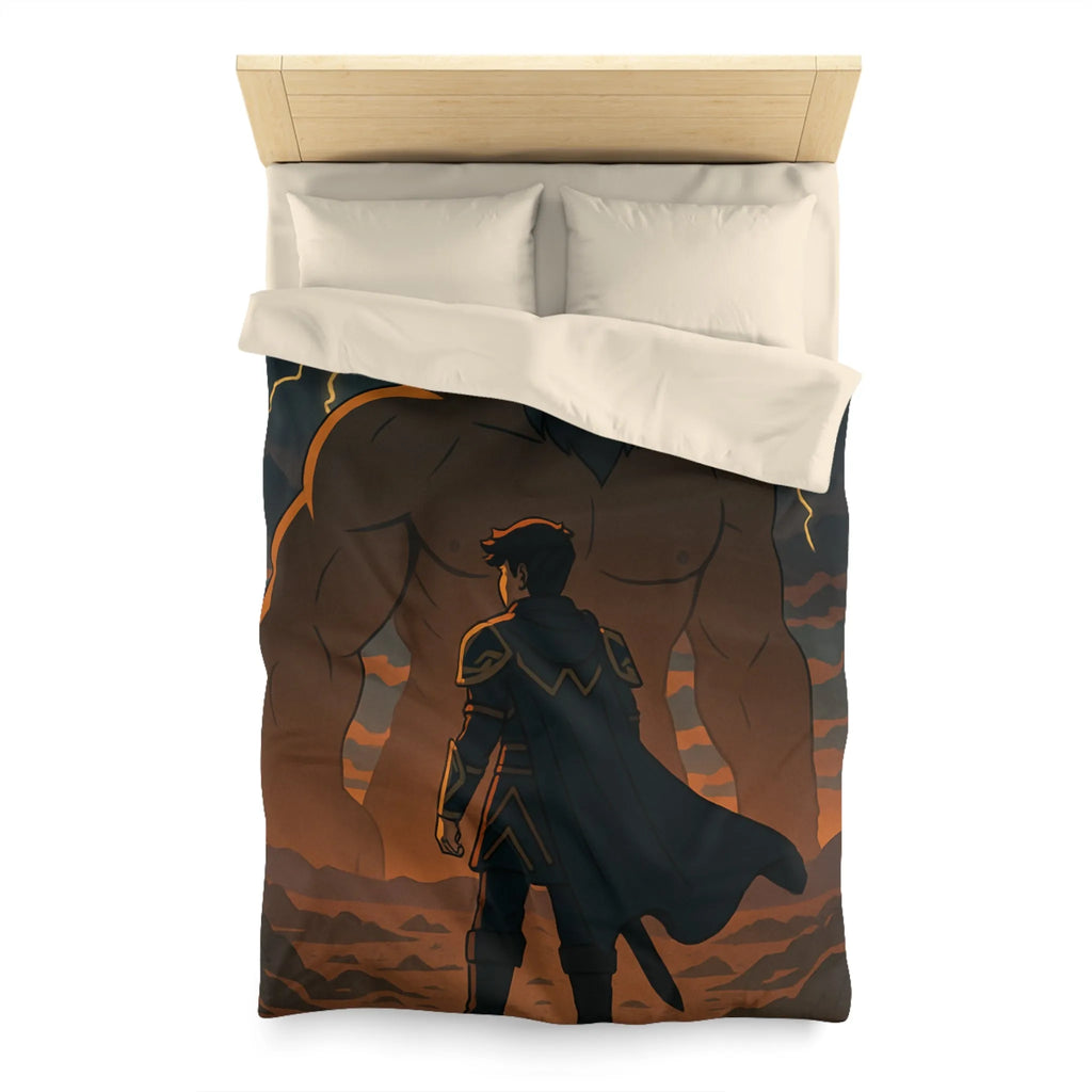 Housse de couette épique avec guerrier et géant sous orage électrique dramatique