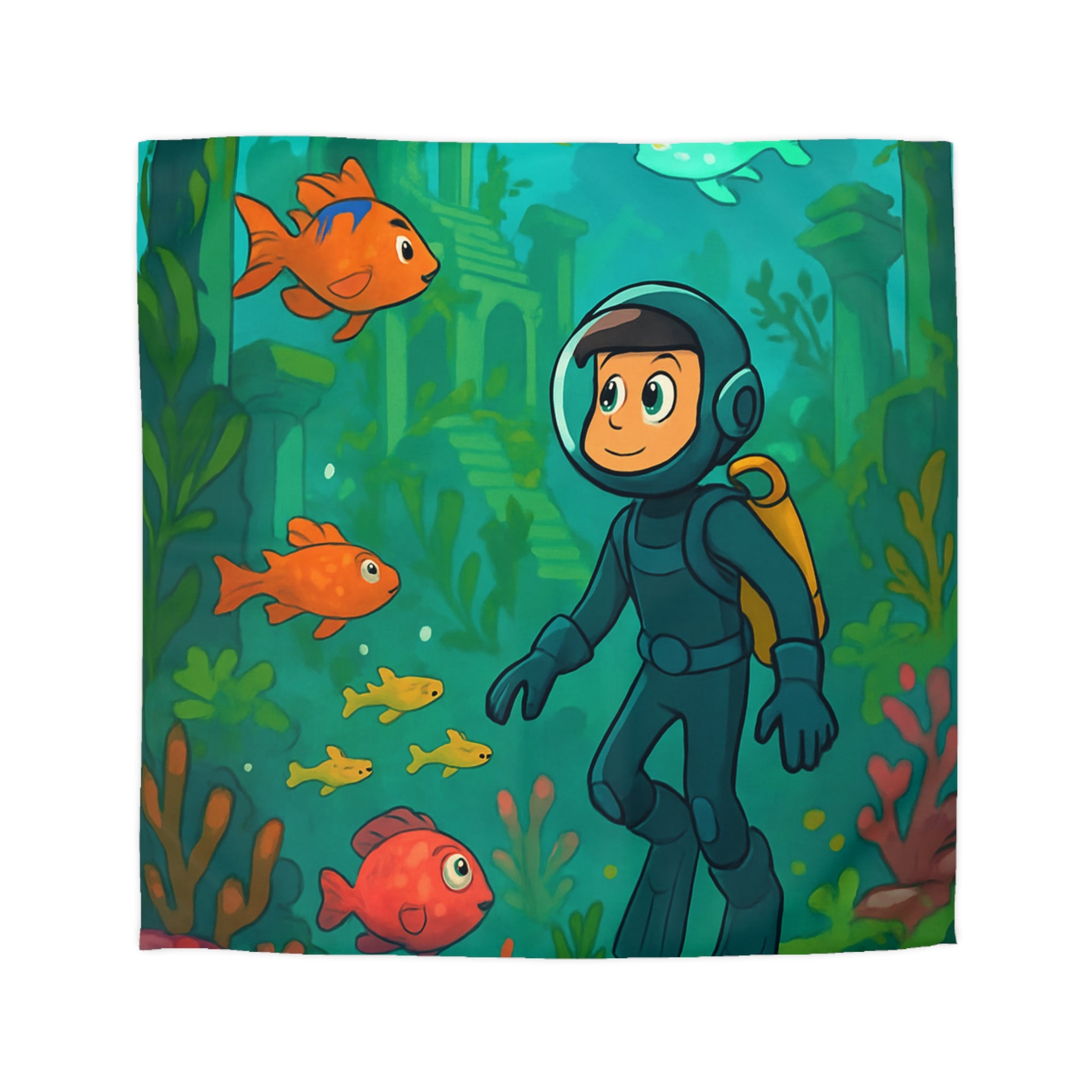 Plongée sous-marine enfantine avec poissons colorés et ruines anciennes, aventure océanique artistique