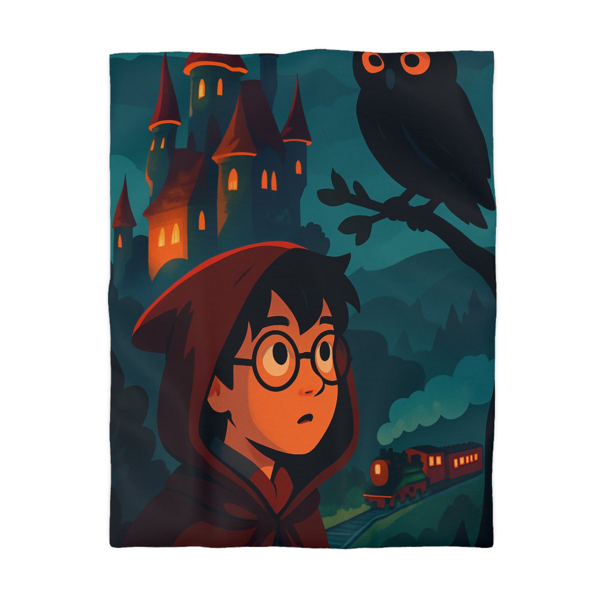 Housse de couette mystique avec château, héros et hibou pour chambre enchantée