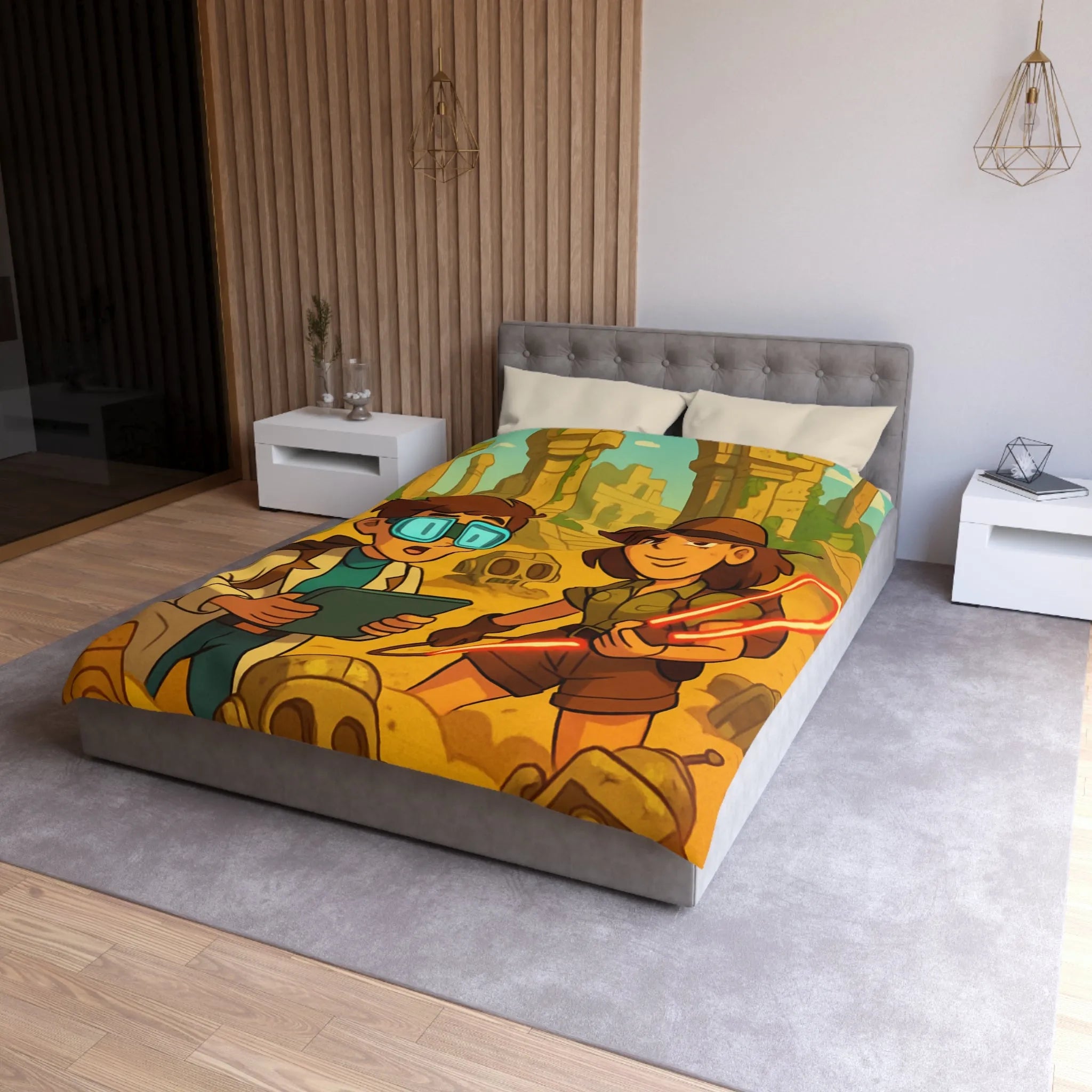 Housse de couette aventuriers explorant ruines mystérieuses en style cartoon animé coloré