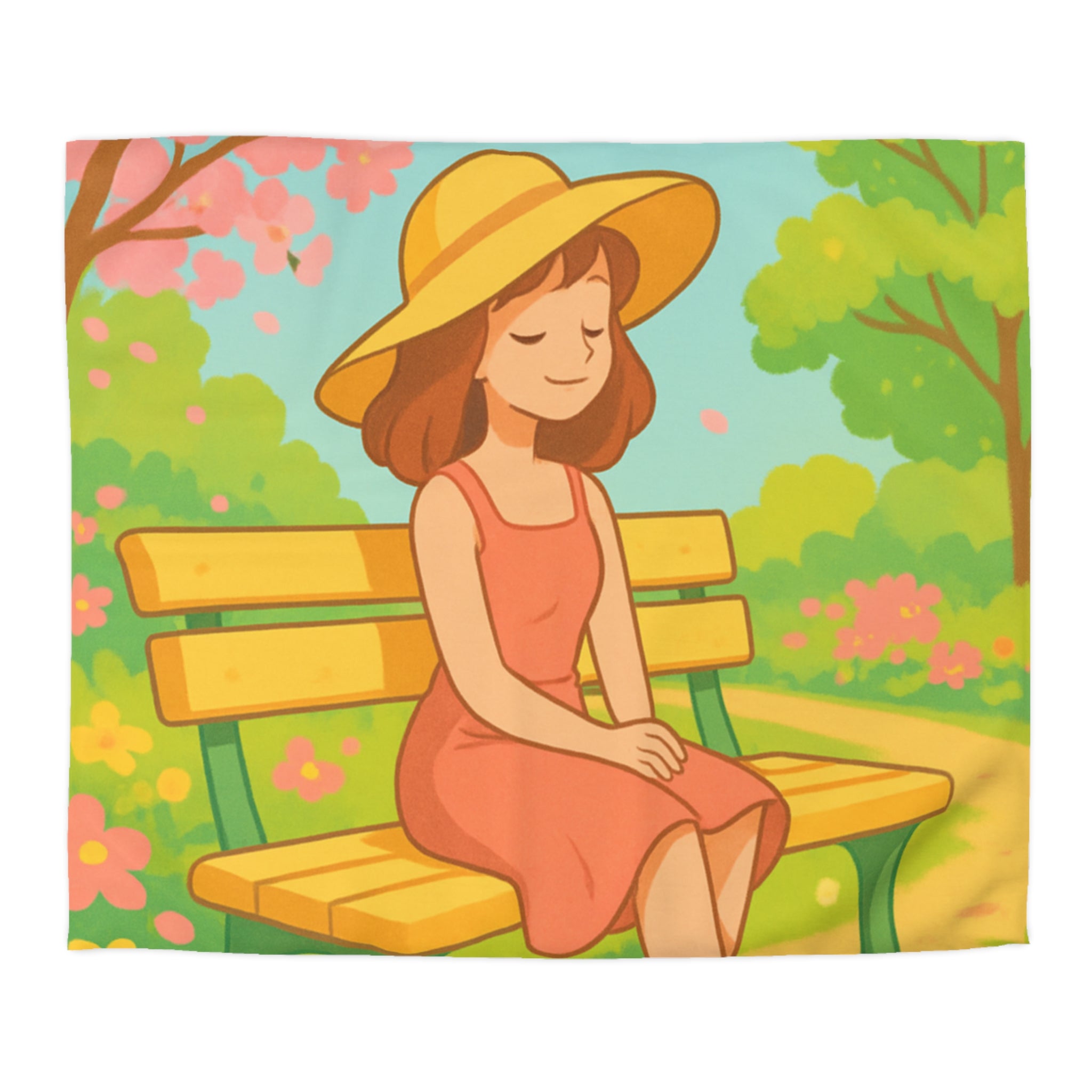 Housse De Couette Motif Printanier Banc Fleurs Ciel Bleu Style Illustration Paisible