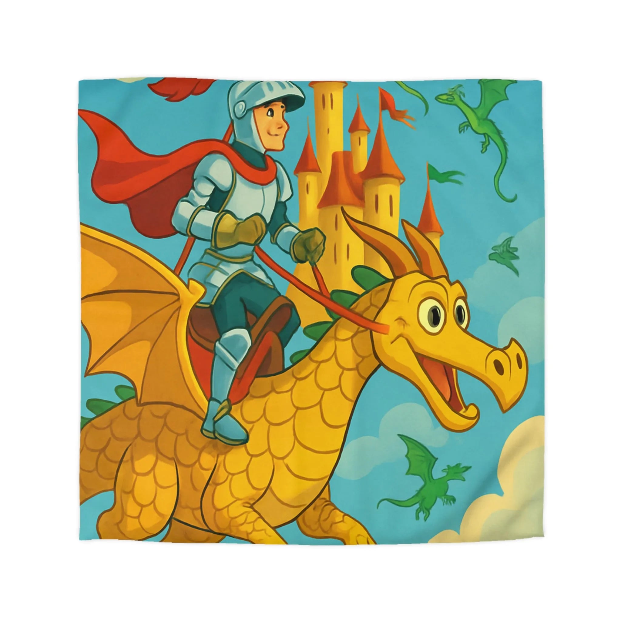 Housse de couette avec chevalier courageux chevauchant un dragon doré au-dessus château fantastique
