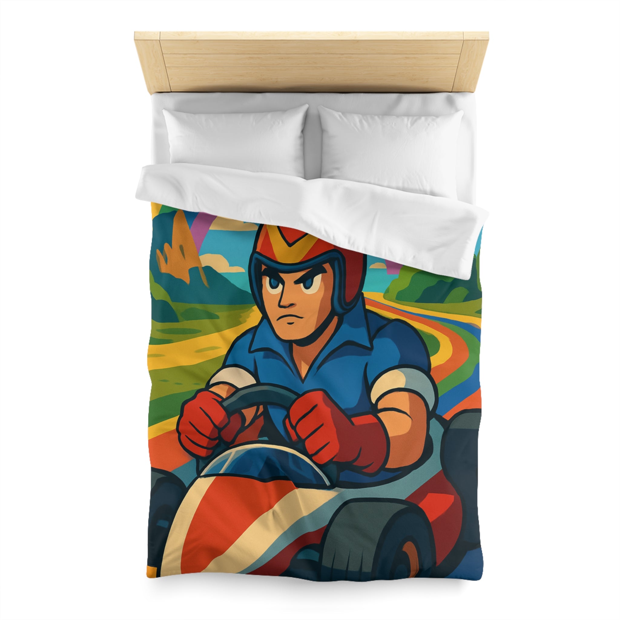 Housse de couette rétro colorée avec pilote de karting sous un arc-en-ciel vibrant