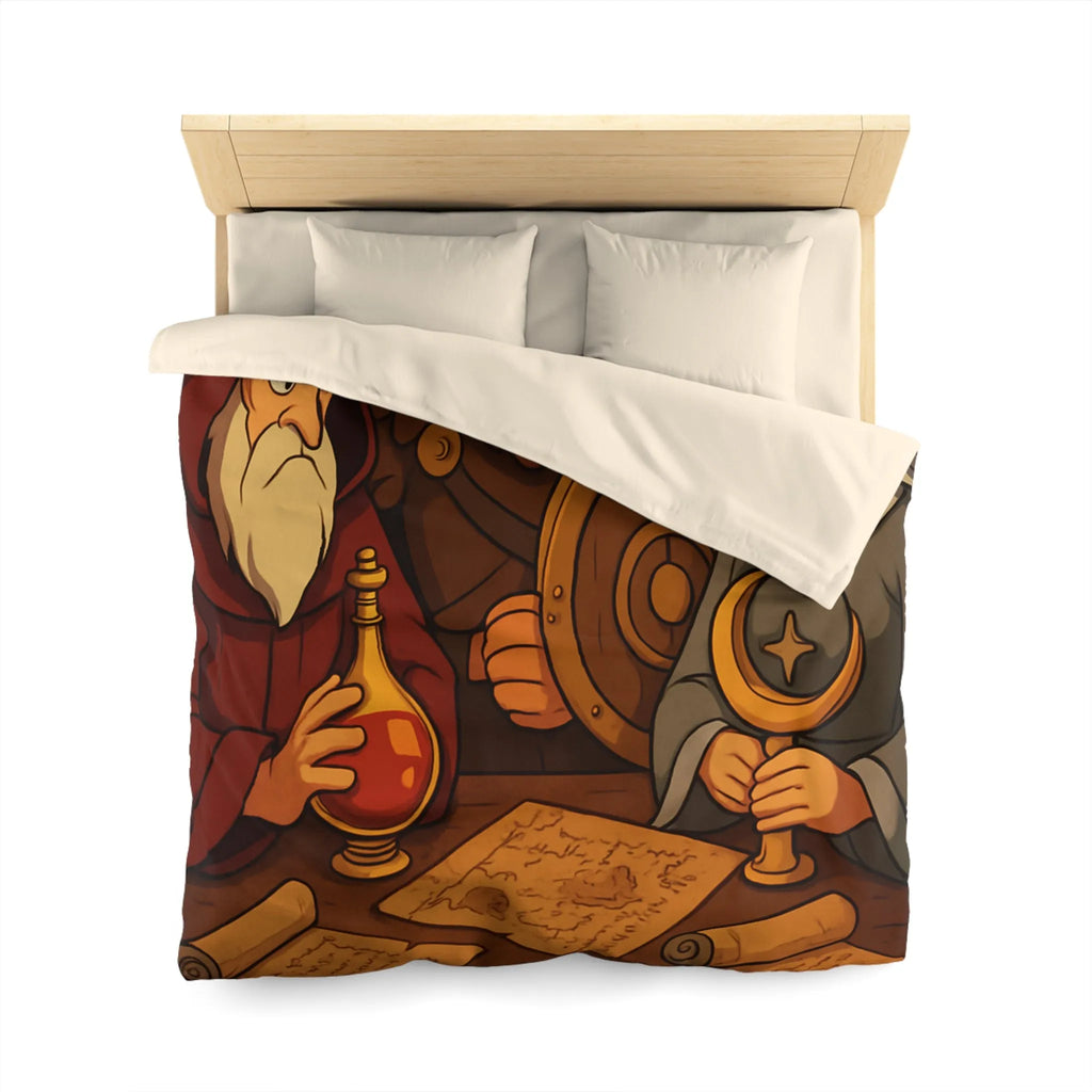 Housse de couette médiévale avec guerrier, mage et princesse tenant des artefacts anciens