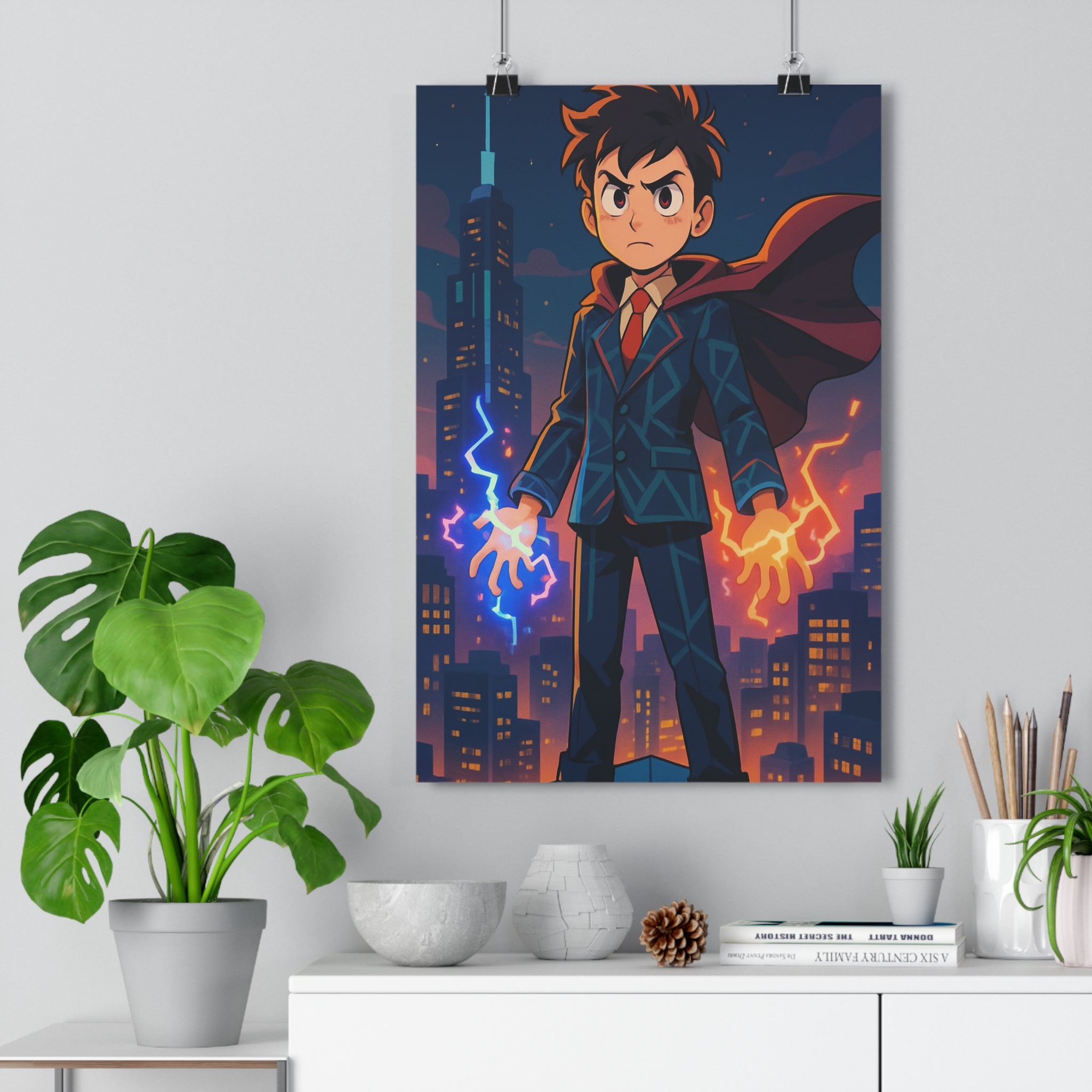 Poster décoratif moderne héros rouge bleu électrique aventure chambre enfant dynamique ville illuminée ambiance