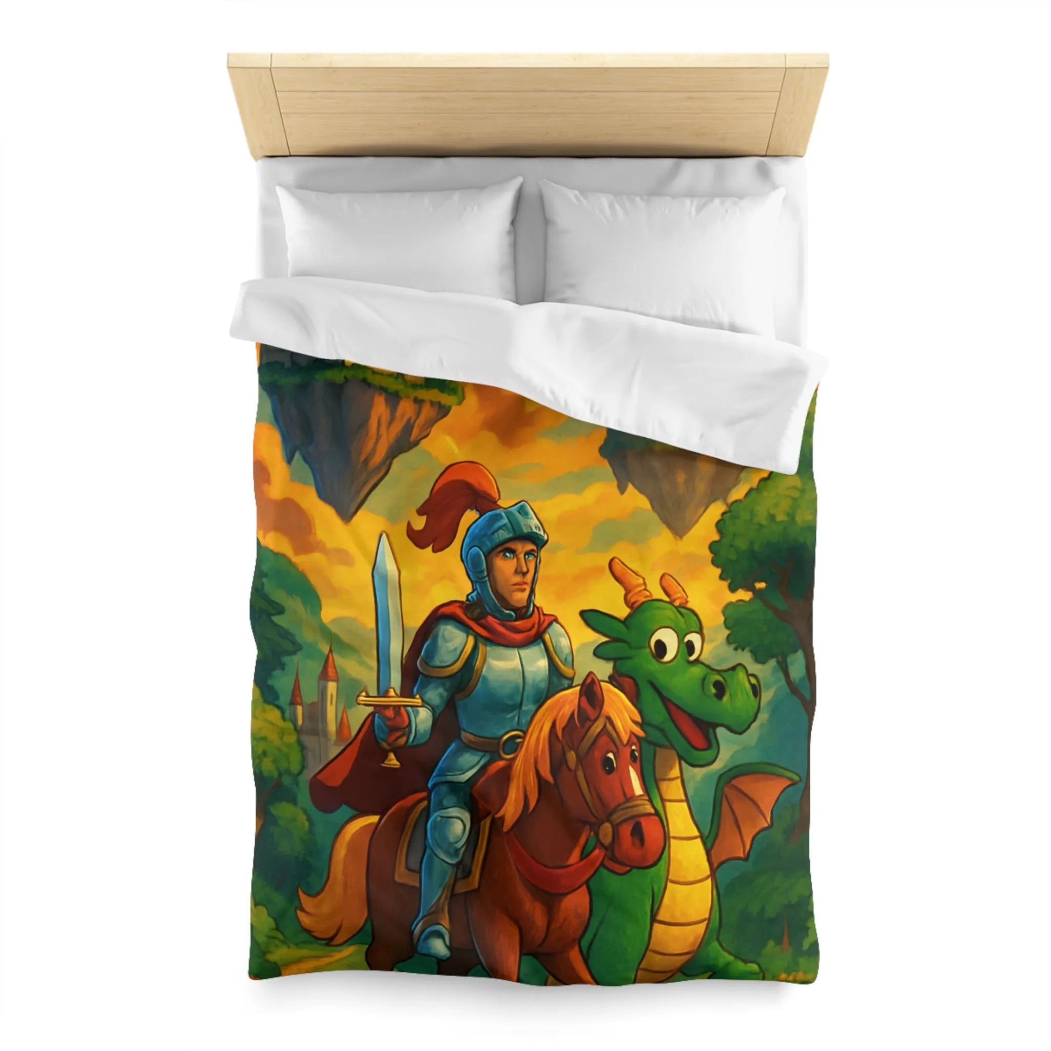 Housse de couette médiévale colorée avec chevalier, dragon et châteaux flottants fantastiques