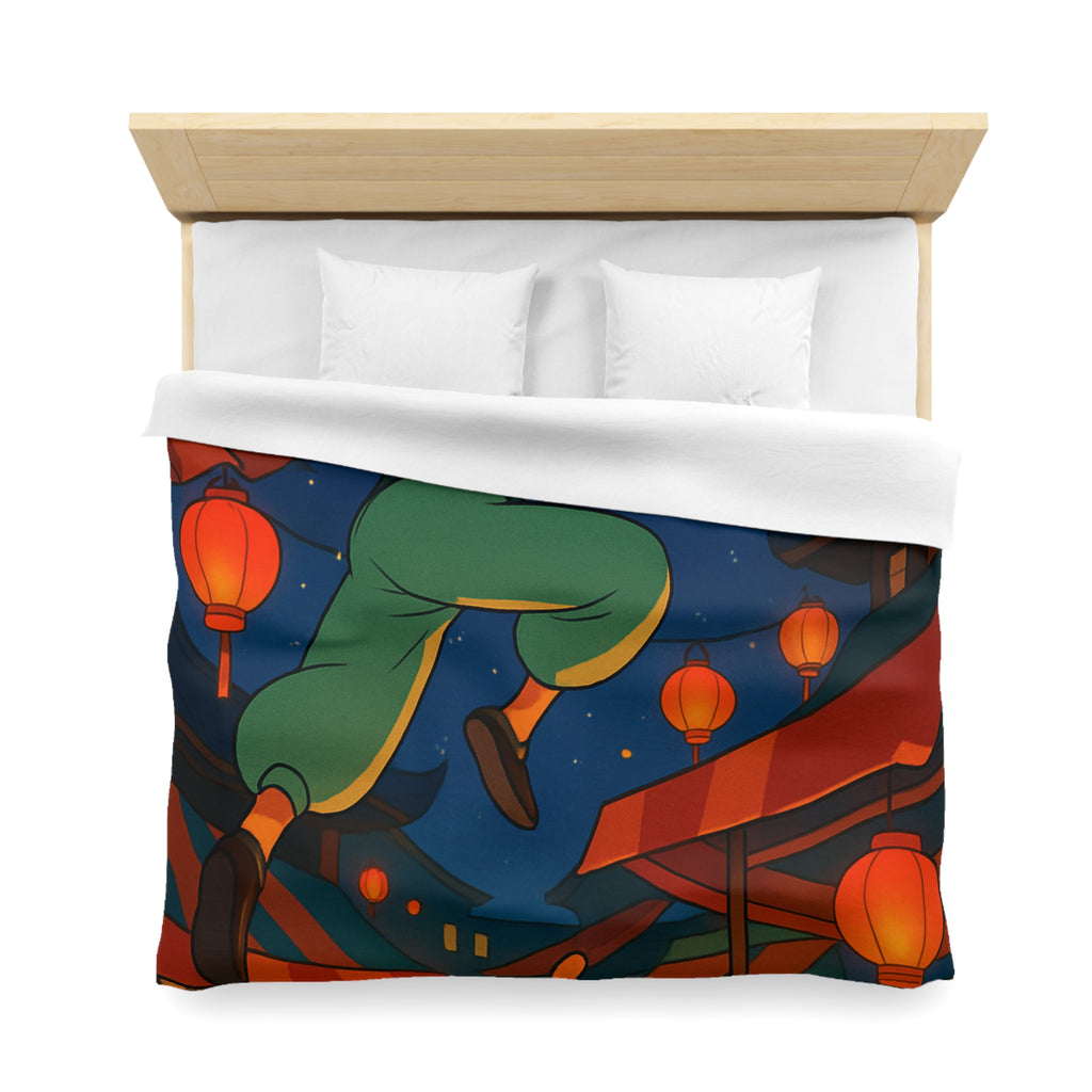 Housse de couette vibrante inspirée d'une scène de marché asiatique nocturne étoilé