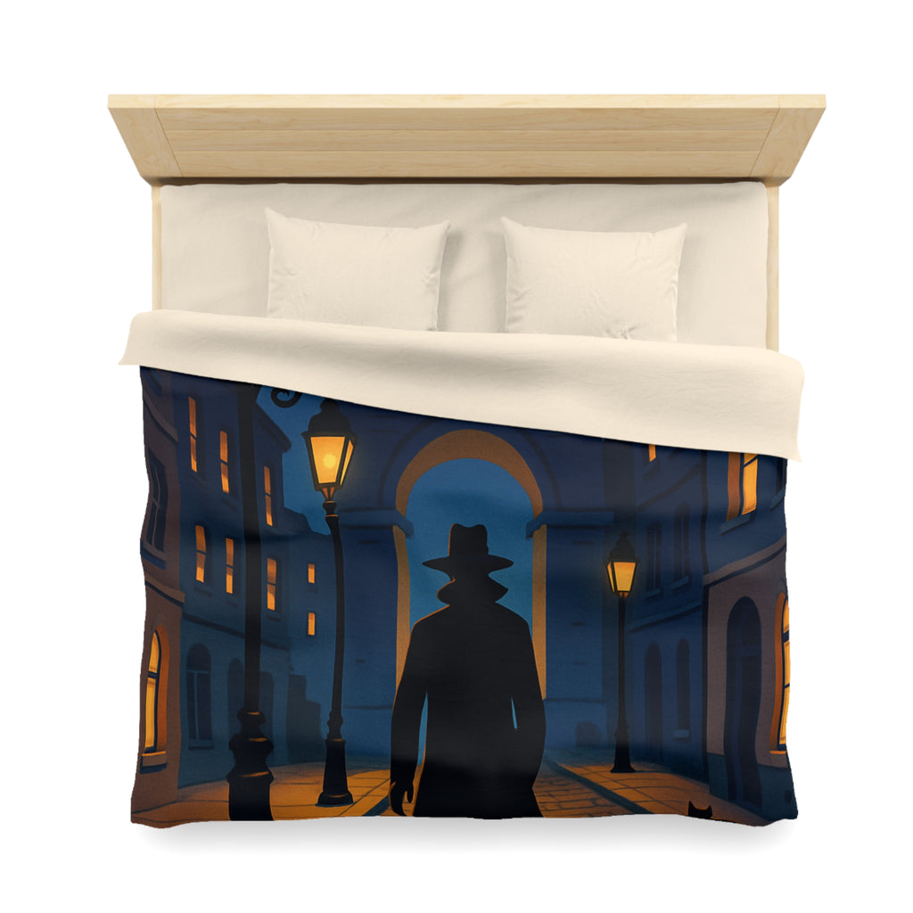 Housse de couette noire mystérieuse, silhouette d'homme avec chats et lampadaires nocturnes