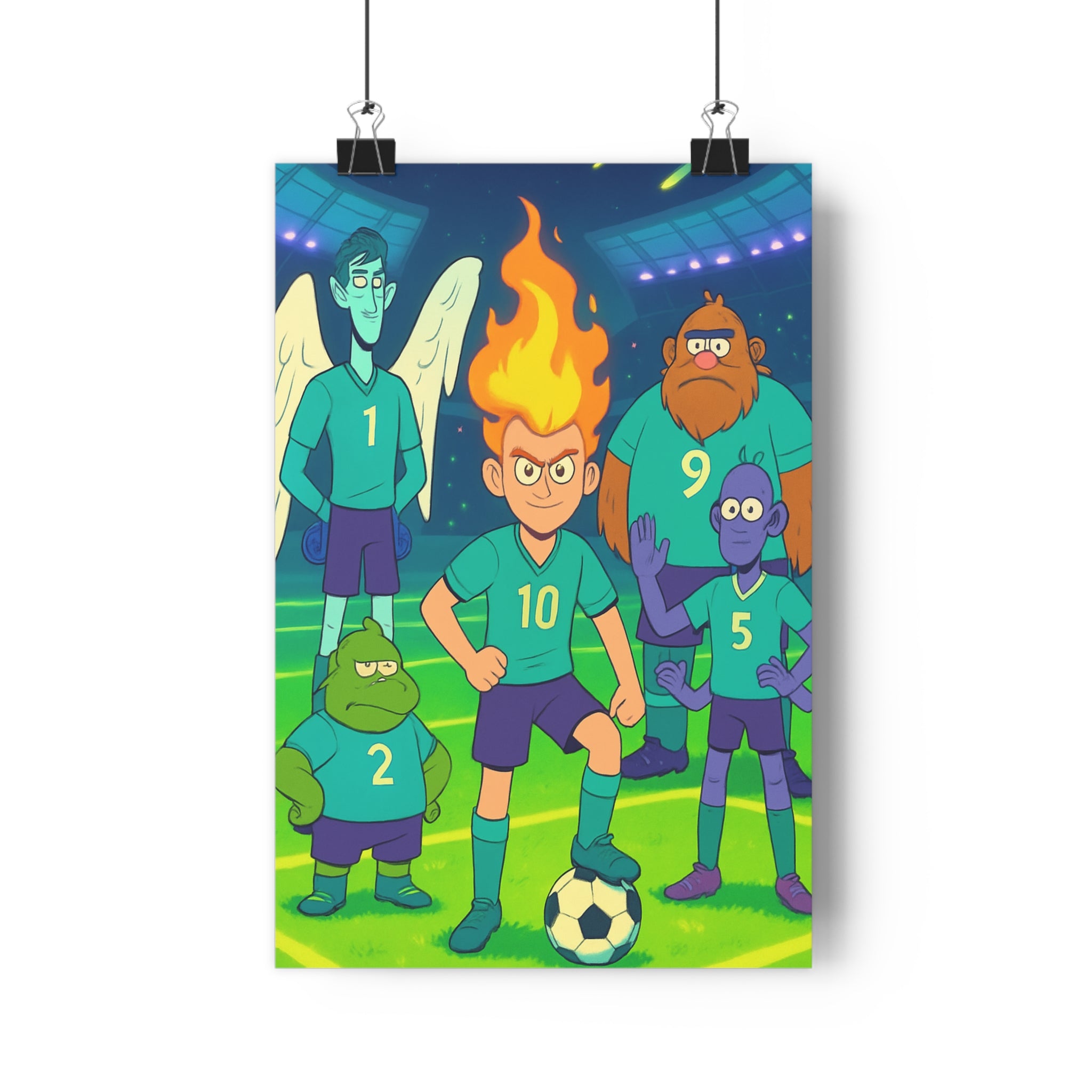 Poster décoratif football fantastique coloré dessin animé futuriste surréaliste chambre enfant aventure créatif vibrant