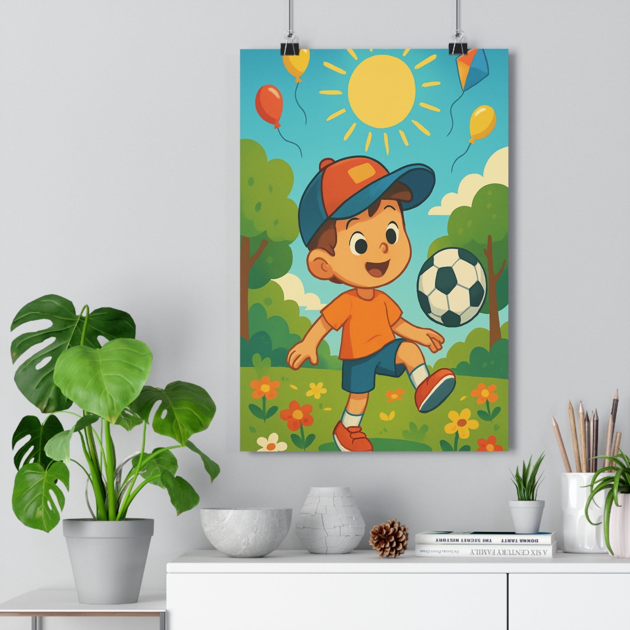 Poster décoratif coloré football enfant cartoon joyeux chambre garçon rêve nature soleil parc qualité