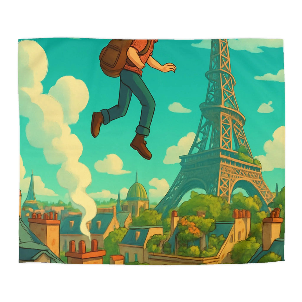 Enchanted Parisian Flight: Kid Floating Above Cityscape with Umbrella and Backpack