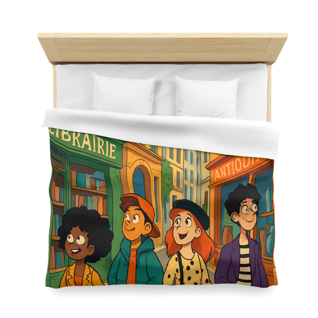 Housse de couette élégante avec design de rue parisienne animée et jeunes explorateurs