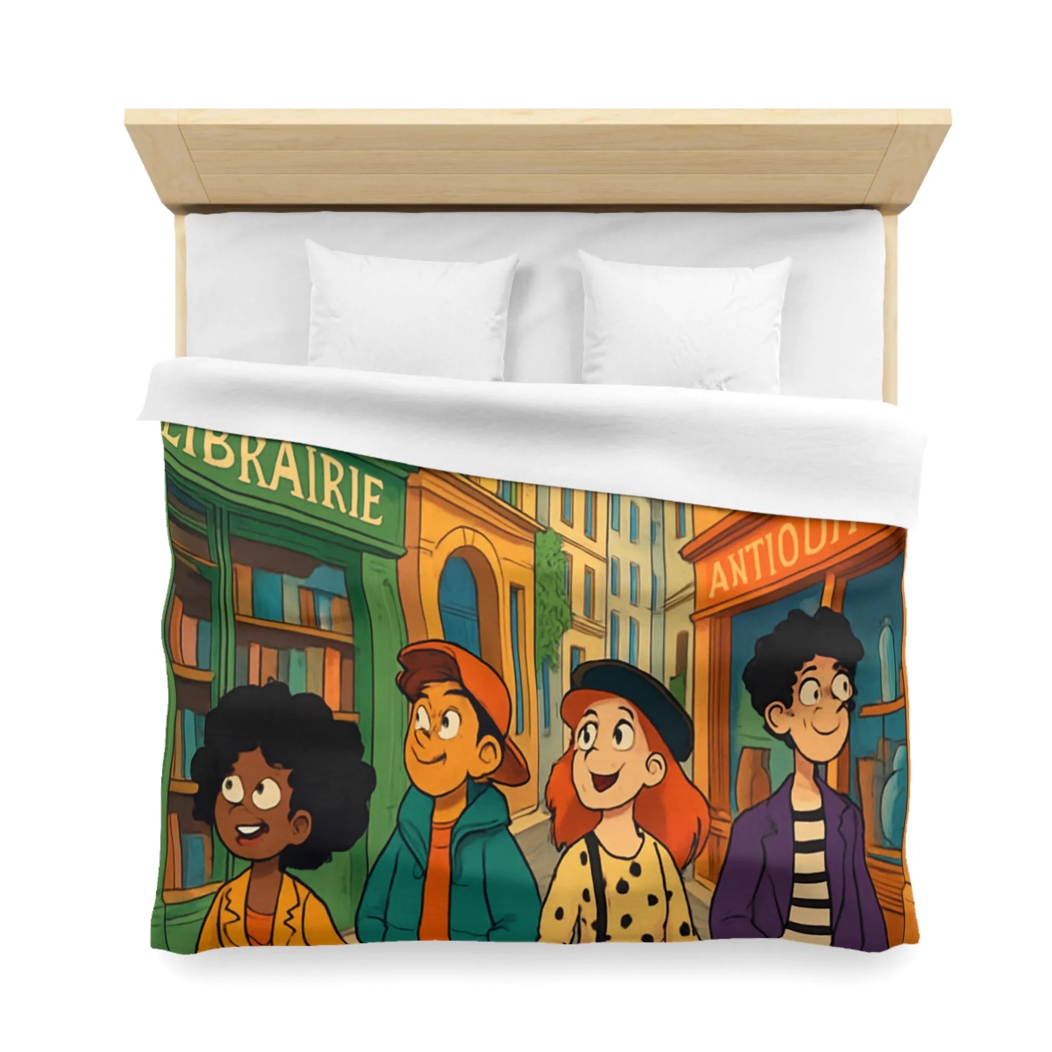 Housse de couette élégante avec design de rue parisienne animée et jeunes explorateurs
