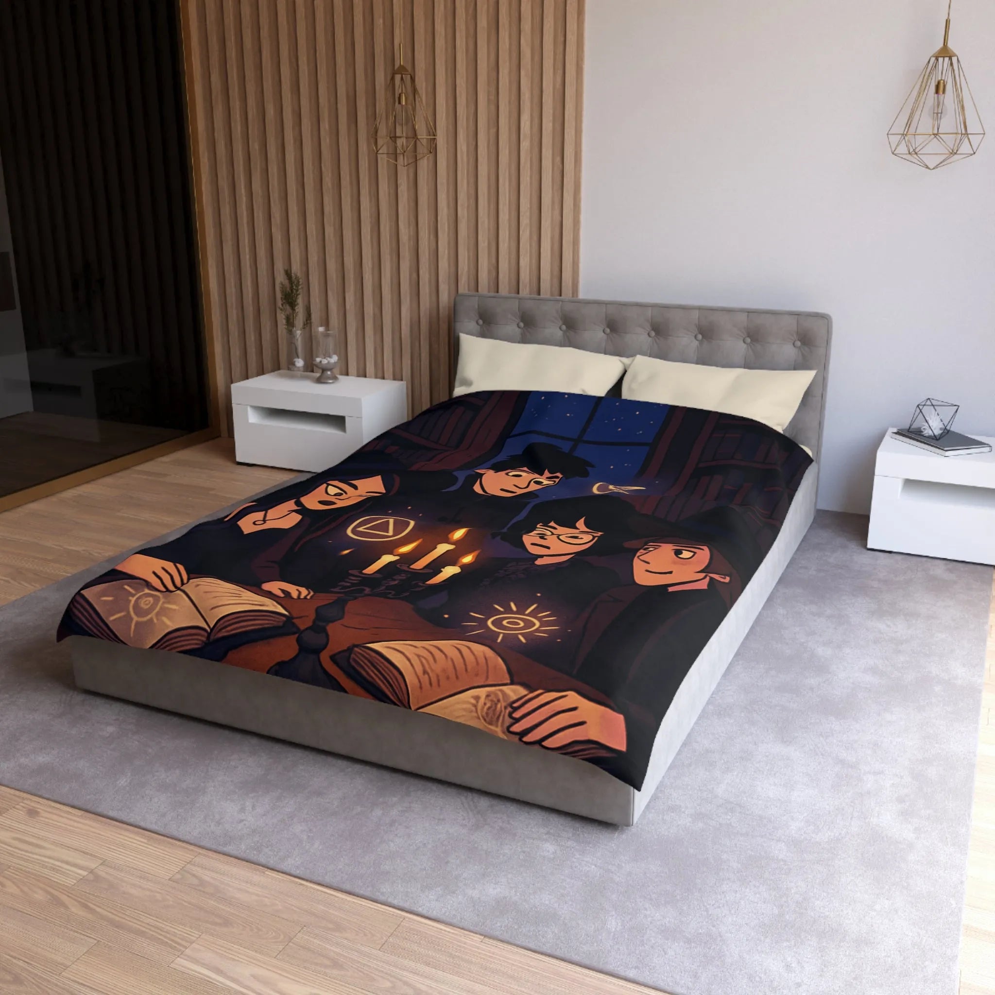 Housse de couette magique avec jeunes sorciers, symboles mystérieux et ambiance nocturne enchantée