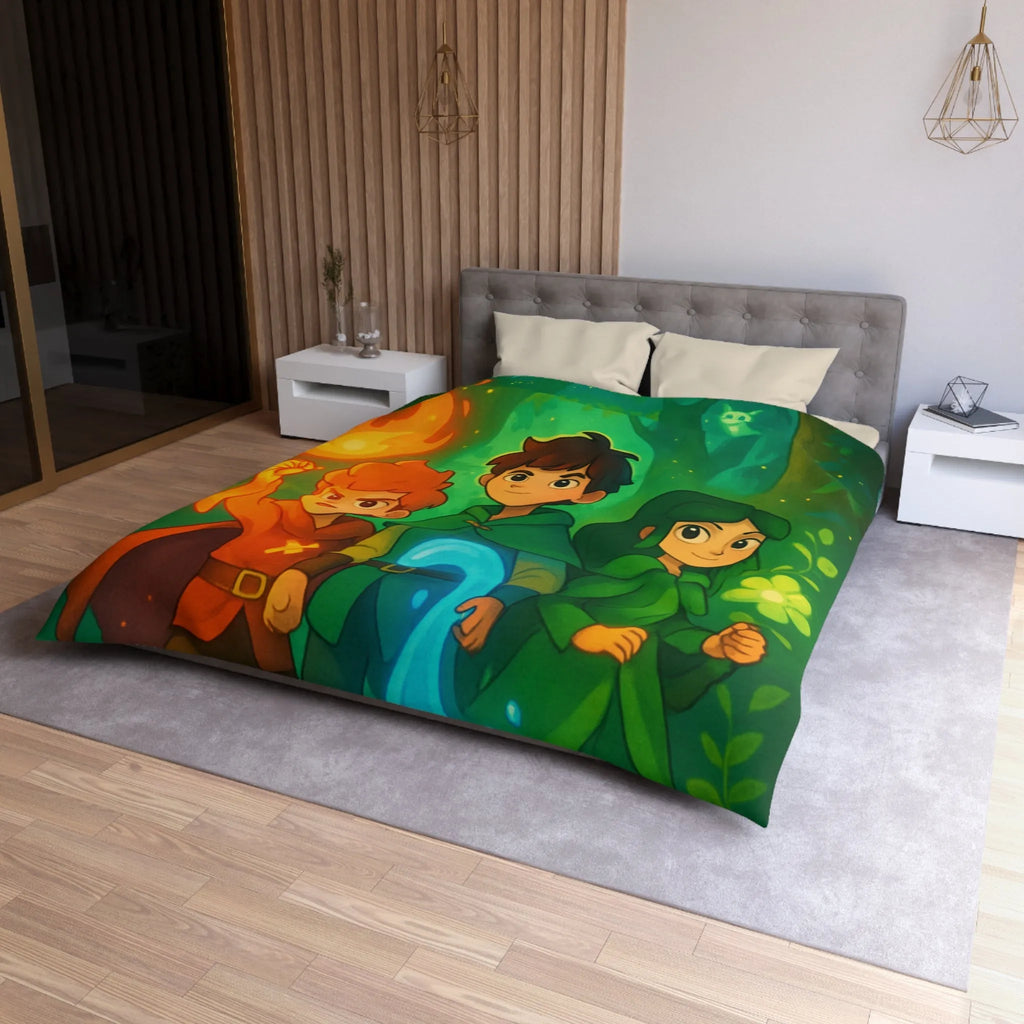 Housse de couette enchantée avec personnages magiques dans une forêt lumineuse et colorée