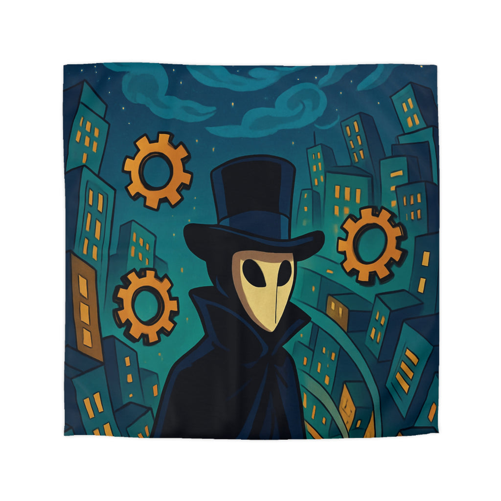 Housse de couette mystérieuse avec personnage masqué, engrenages dorés et ville nocturne