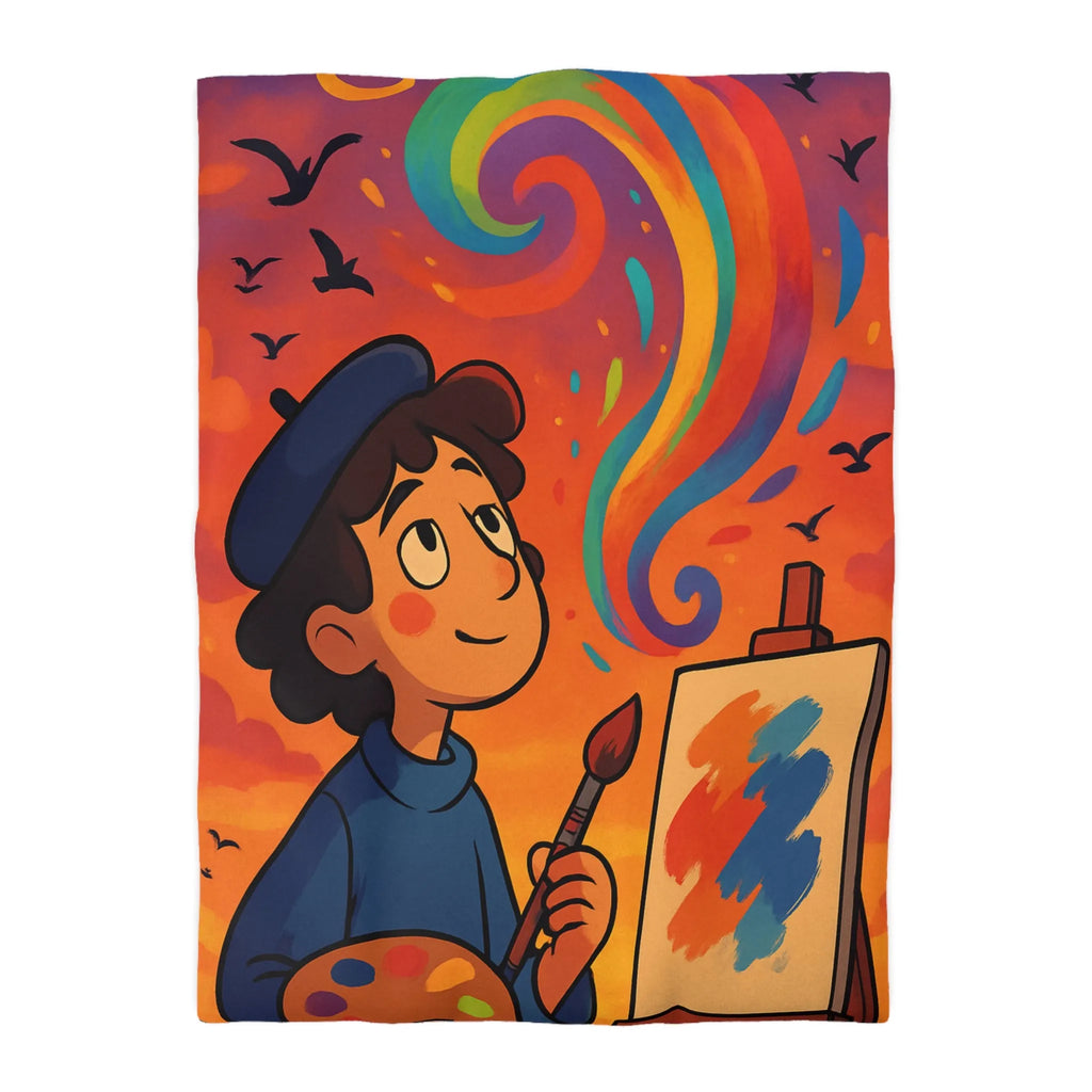 Housse de couette colorée avec artiste rêveur peignant sous ciel vibrant au crépuscule