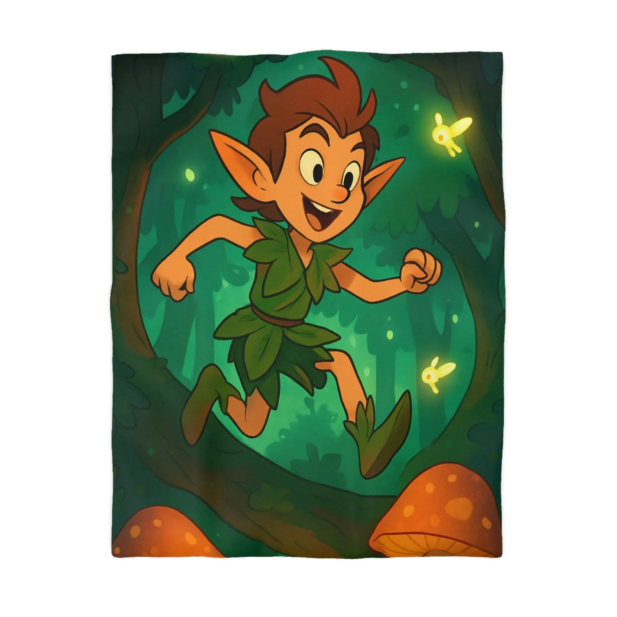 Housse de couette féérique avec elfes sautant parmi champignons lumineux en forêt