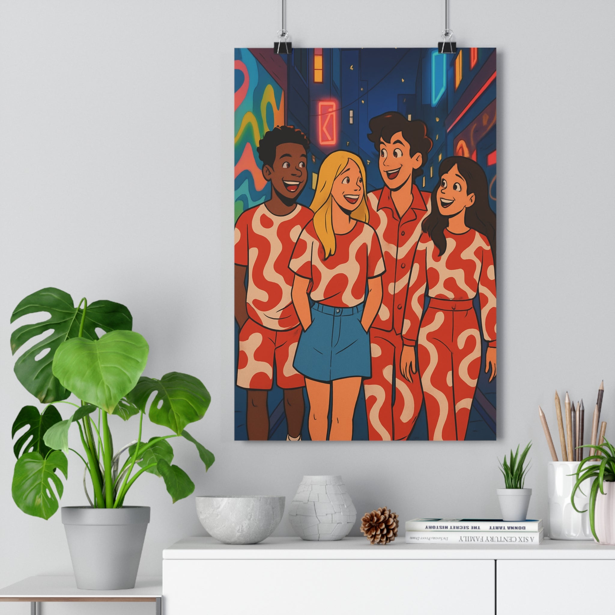 Poster décoratif urbain rouge blanc cartoon joyeux art rue moderne salon chambre tendance qualité