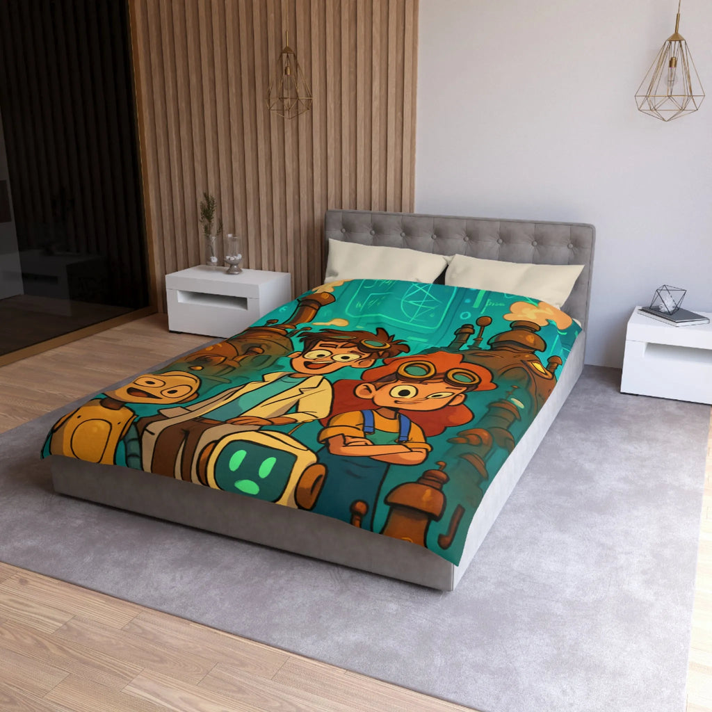 Exploration robotique en atelier steampunk coloré avec jeunes inventeurs et machines futuristes