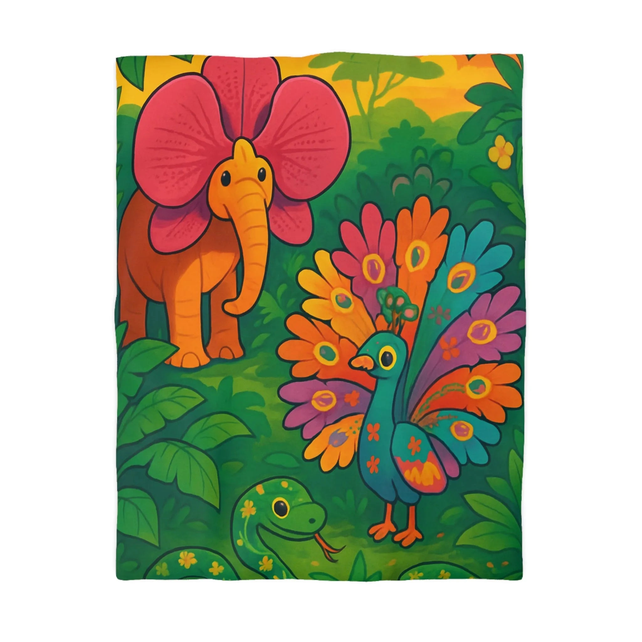 Housse de couette enfantine avec éléphant, paon multicolore et serpent floral en forêt