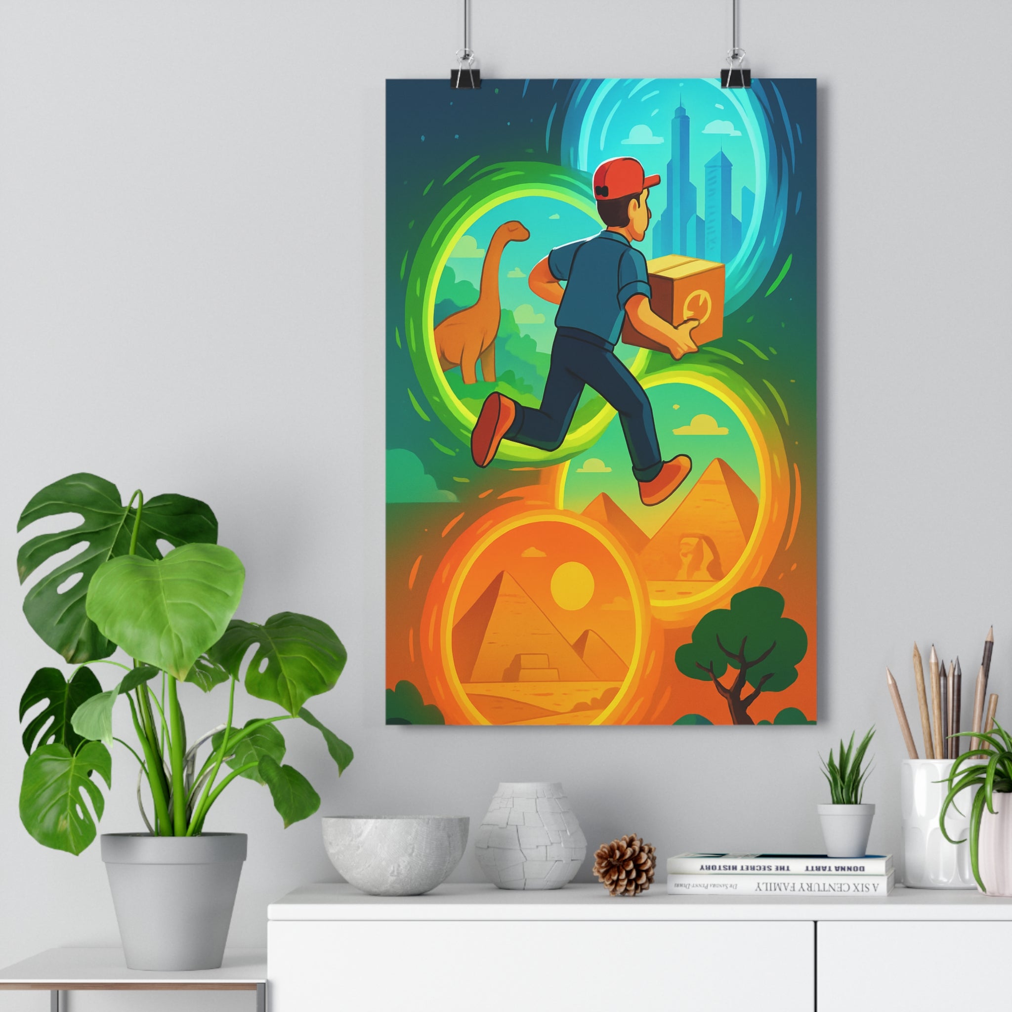 Poster décoratif cartoon aventure bleu vert orange salon chambre enfant tendance ludique unique vintage