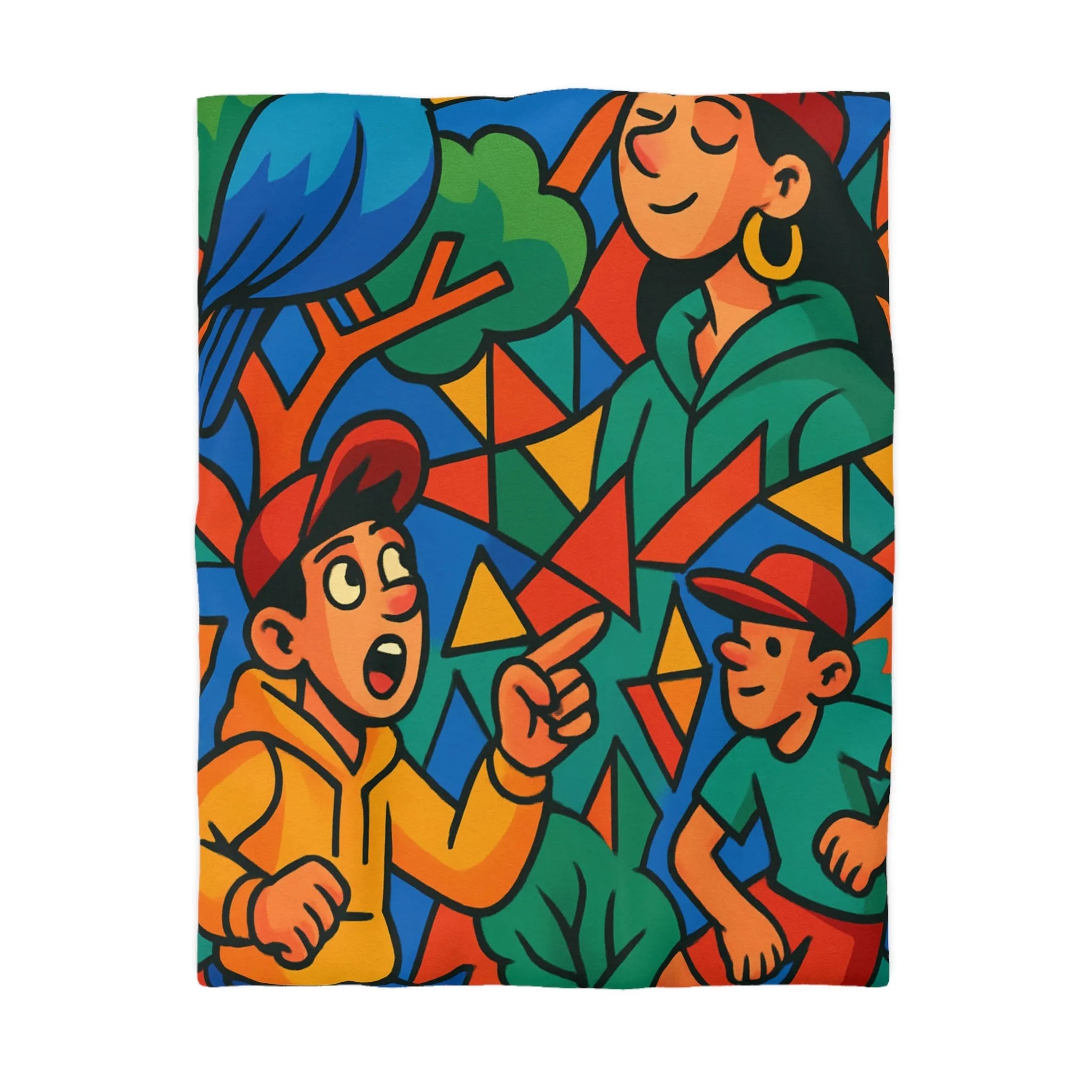 Housse de couette colorée avec design vibrant, oiseaux et figures humaines animées