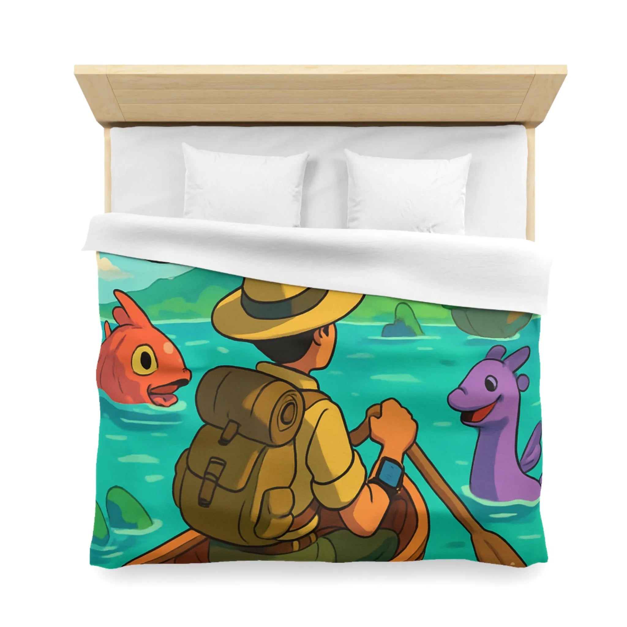 Housse de couette île volcanique exotique avec aventurier et créatures marines colorées