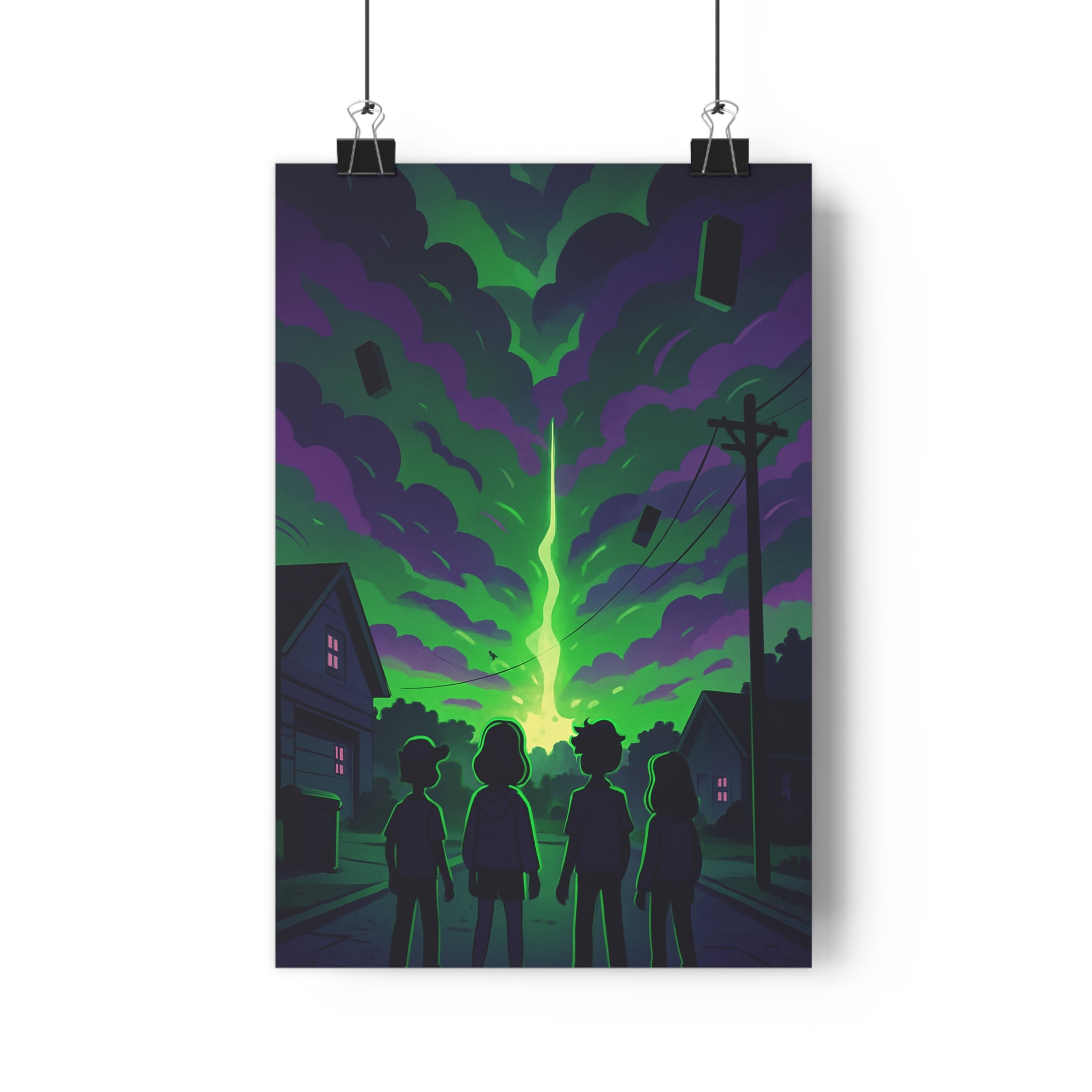 Poster décoratif silhouettes crépuscule vert violet mystique moderne salon chambre tendance unique qualité qualité