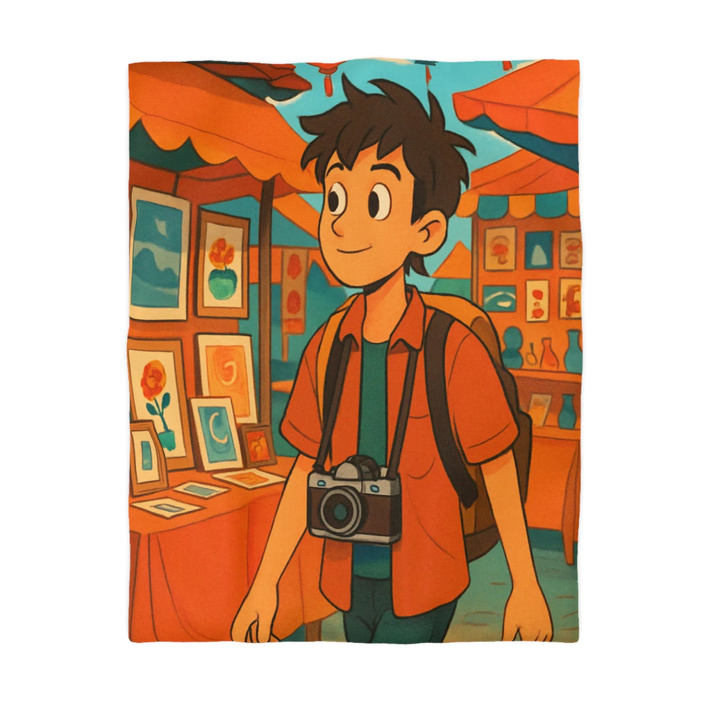 Housse de couette animée avec jeune explorateur et marché aux lanternes colorées